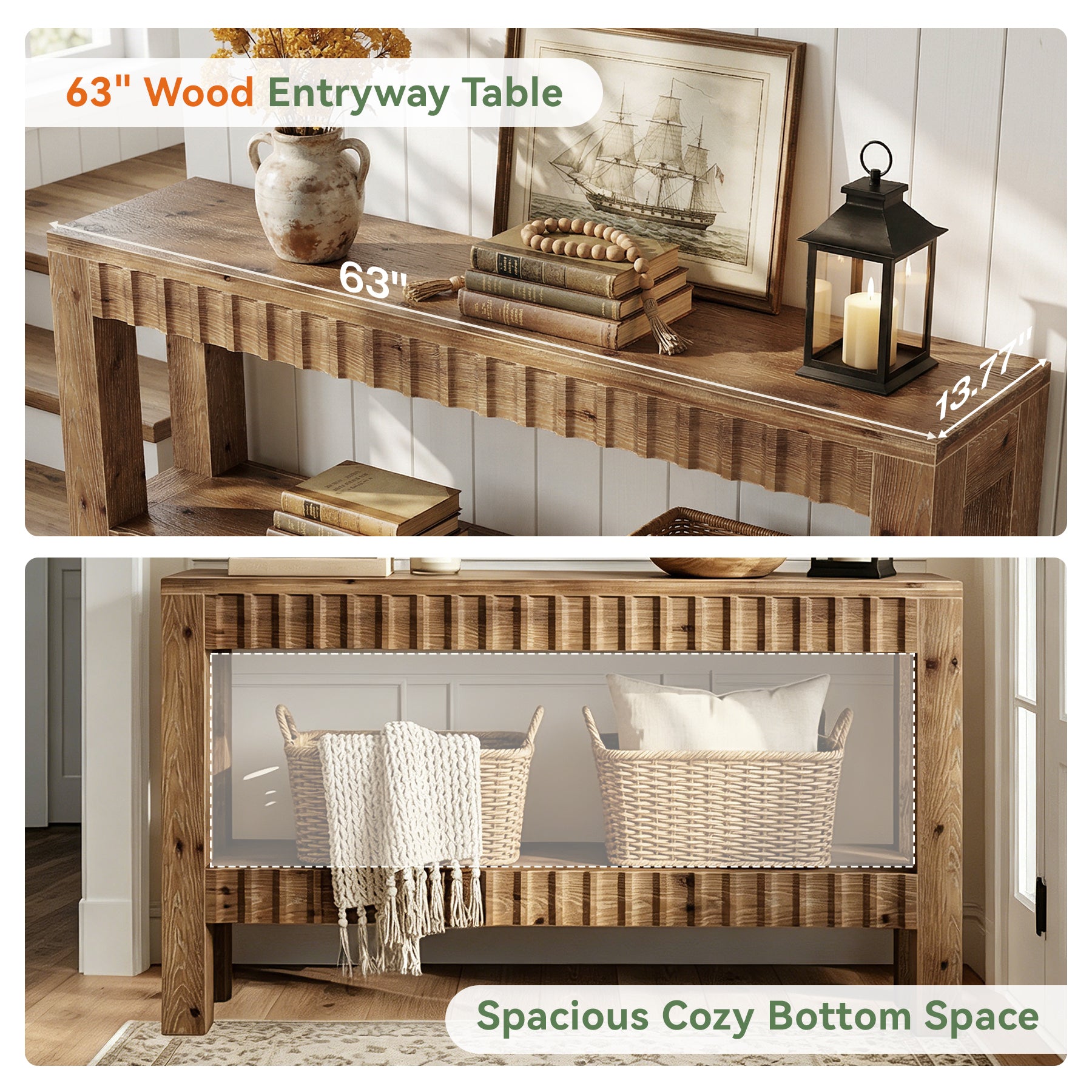 63" Console Table, Solid Wood Farmhouse Entryway Table with 2-Tier Storage