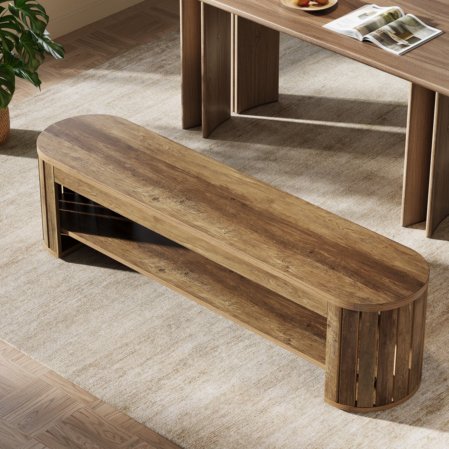 63-Inch Wooden Dining Bench with Arc Slat Legs, Farmhouse Bench for Dining Room