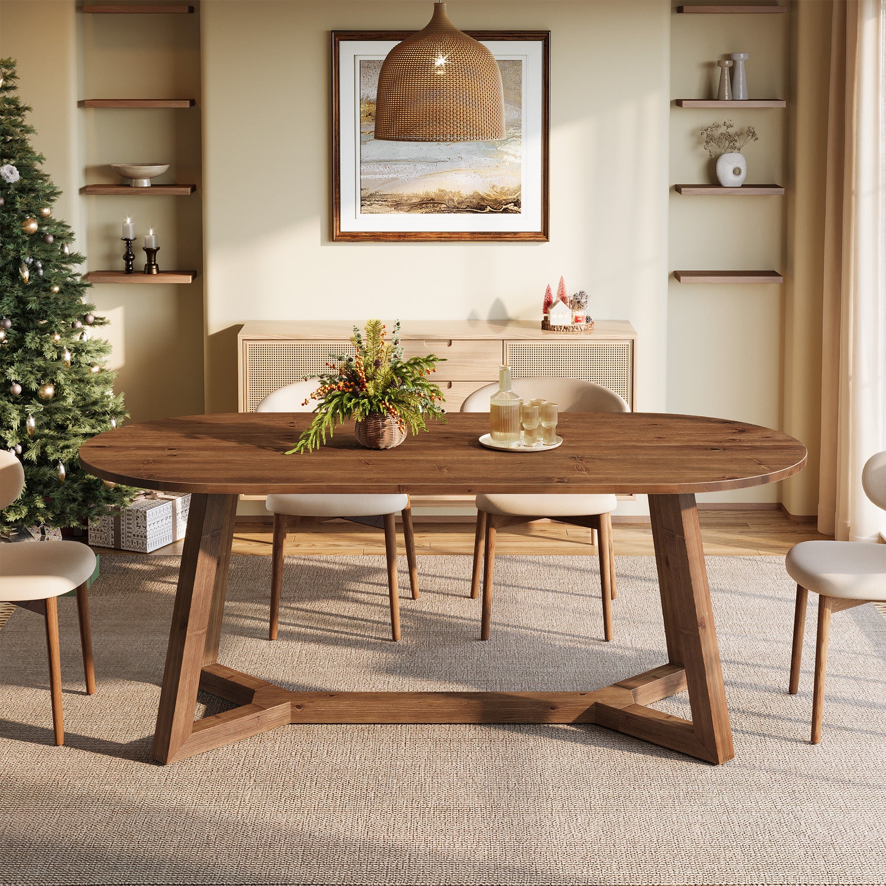 63" Oval Solid Wood Dining Table for 4-6, Farmhouse Kitchen Table with Sturdy Tapered Legs