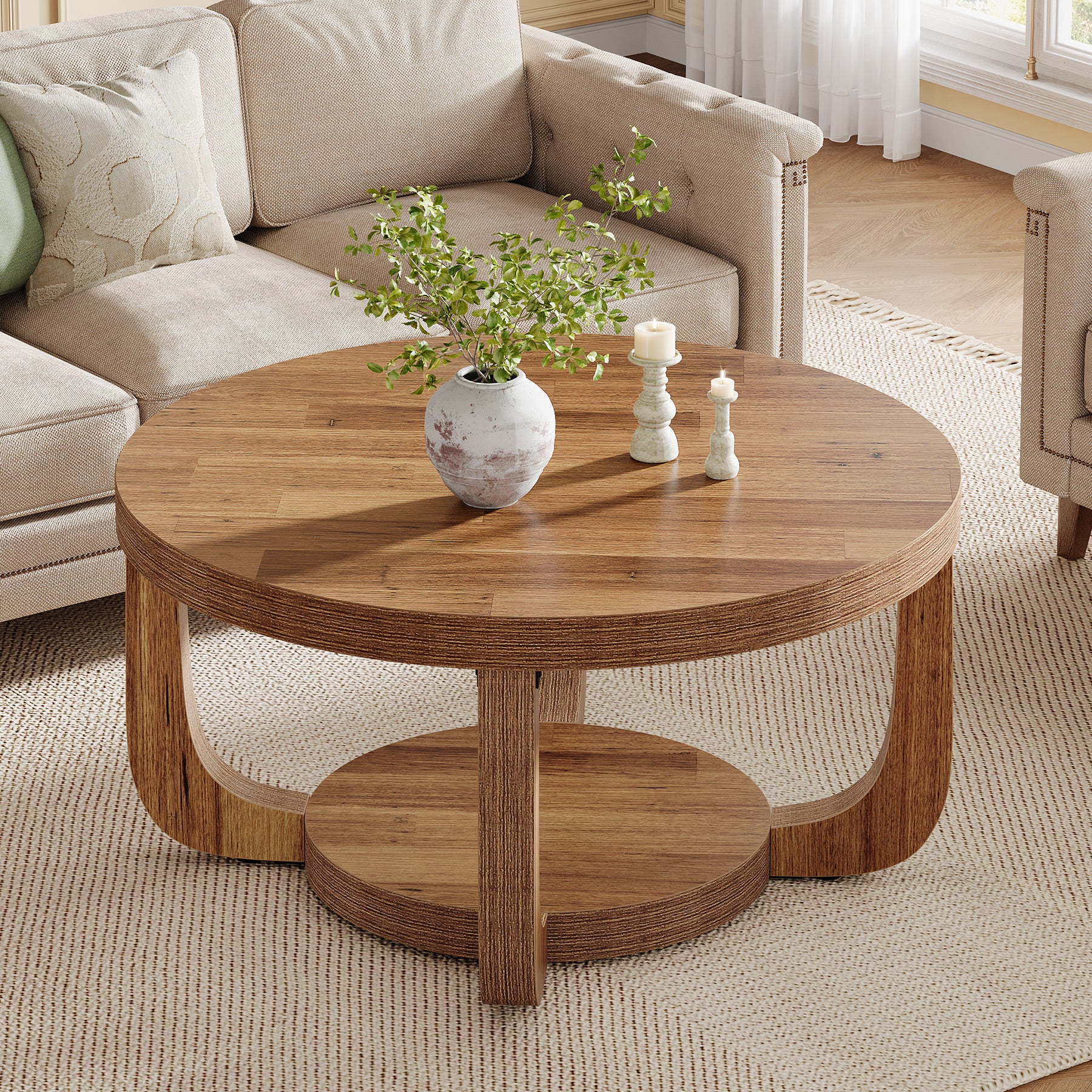 Tribesigns 31.5-Inch Round Coffee Table with Storage Shelf, 2-Tier Farmhouse Table for Living Room