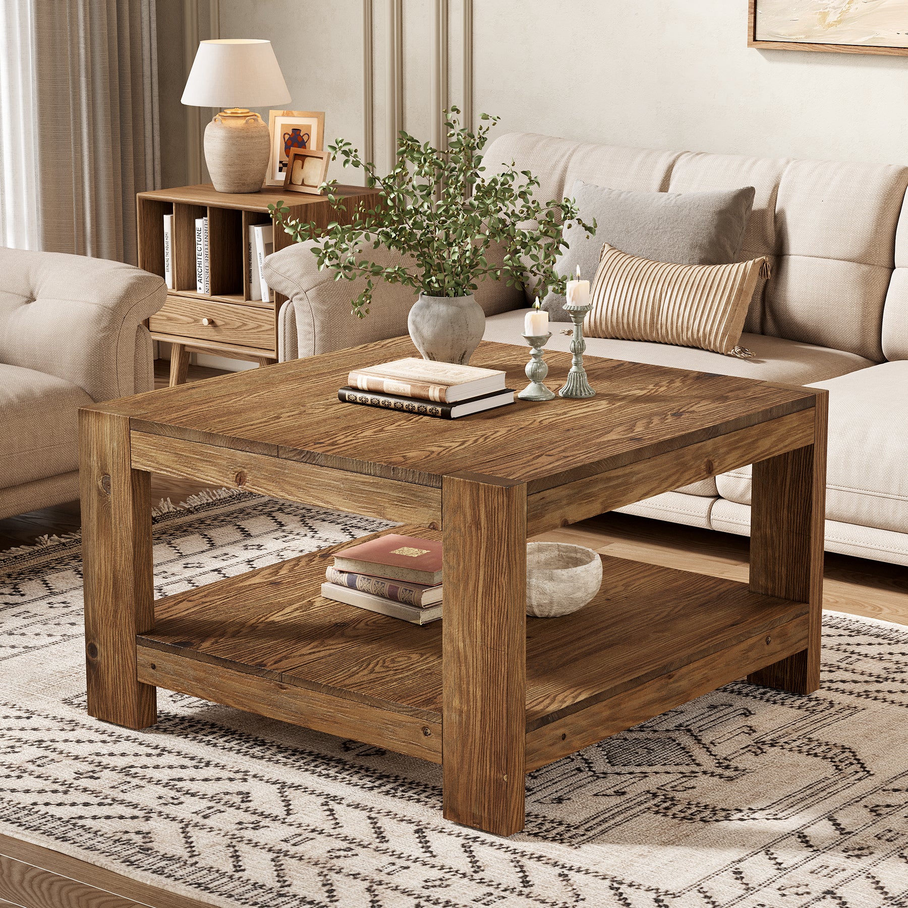 Tribesigns 31.5-Inch Square Farmhouse Coffee Table with Storage Shelf, Solid Wood Center Table for Living Room