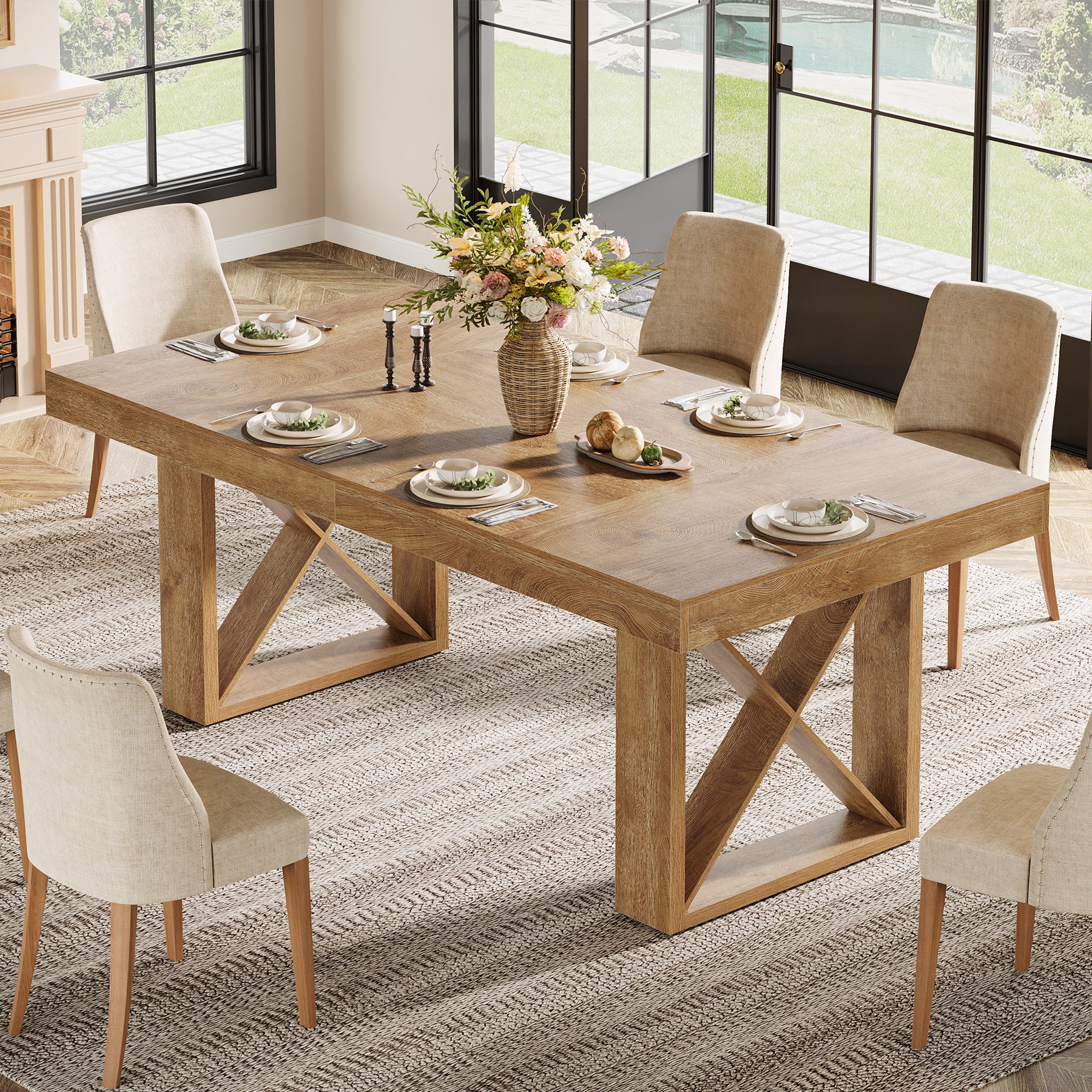 63 Inch Dining Table for 4 People, Farmhouse Kitchen Table with Thick Top for Dining Room Living Room