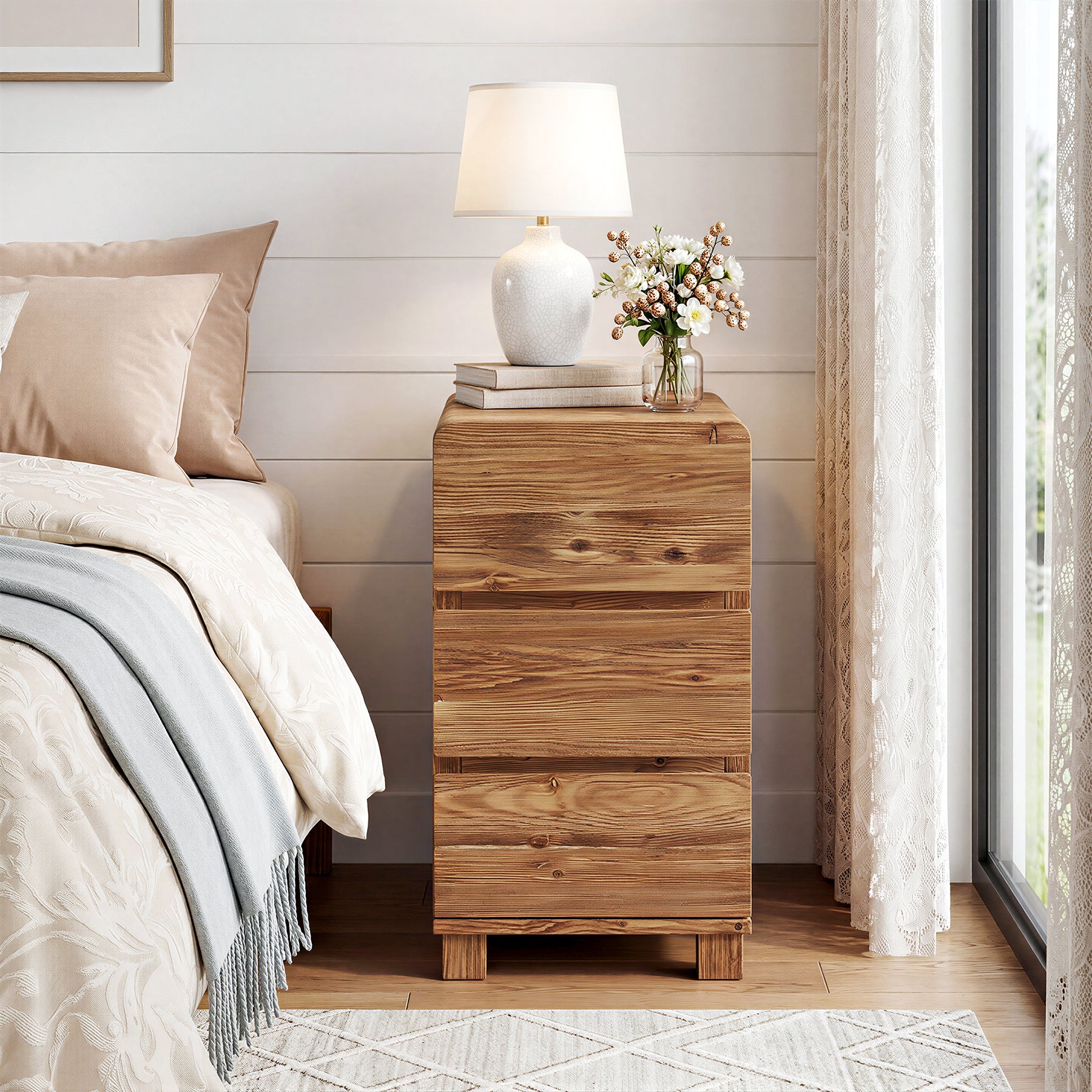 Tribesigns 25.59-Inch Tall Solid Wood Side Cabinet, 3-Drawer Narrow Nightstand