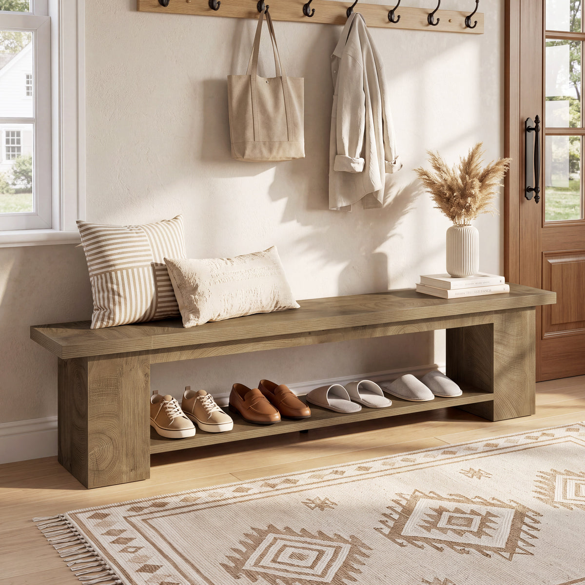 Tribesigns 86.6" Extra Long Entryway Bench with 2-Tier Shoe Storage, Storage Bench for Hallway