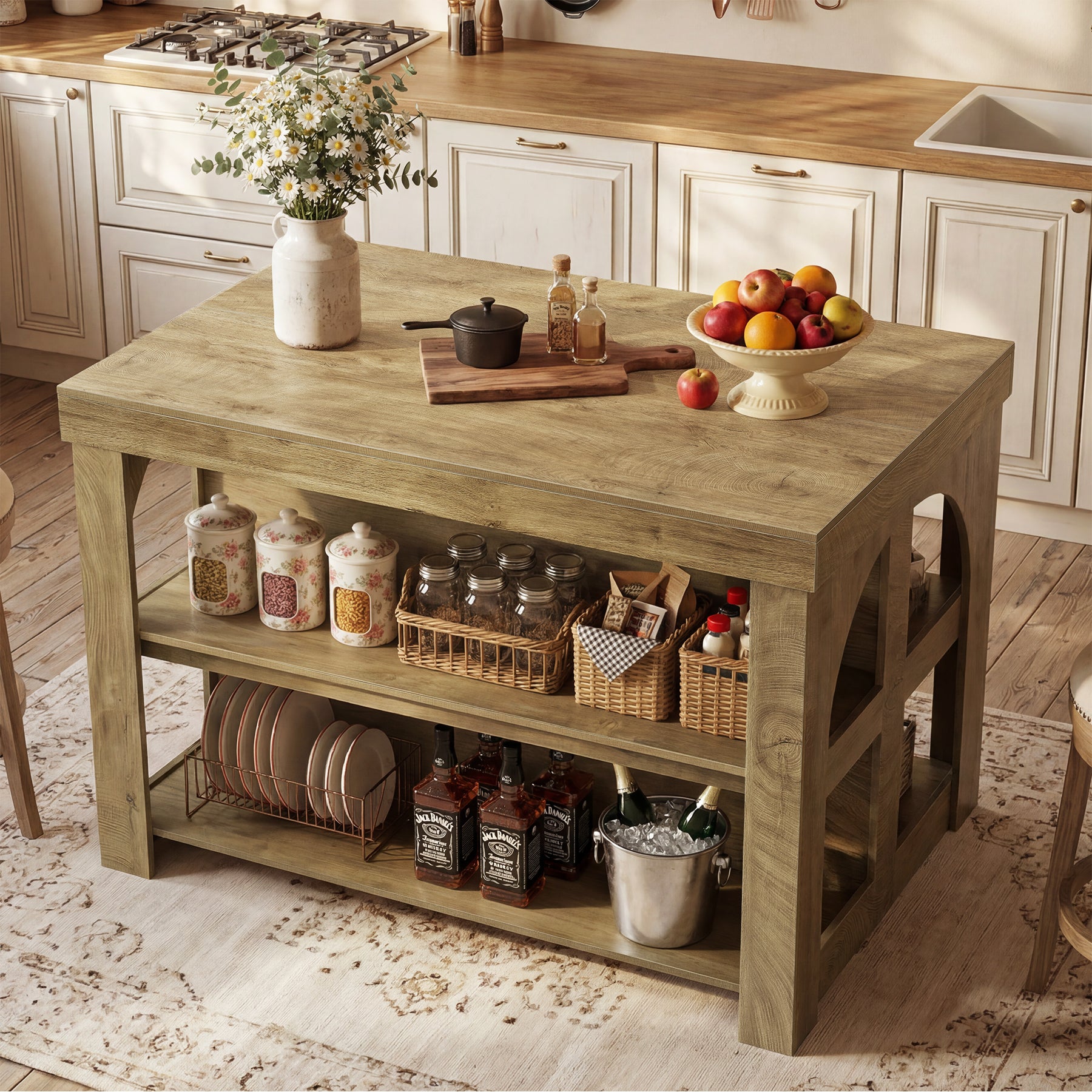 Tribesigns Solid Wood Kitchen Island Table with Storage Shelves, Farmhouse Counter Height Island