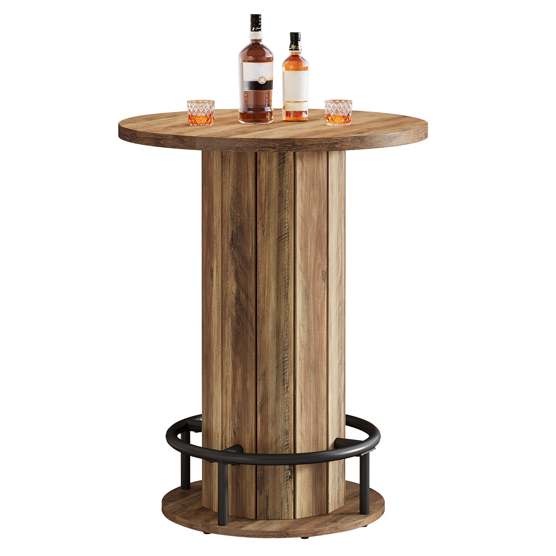 39.4" Round Wood Bar Table, Metal Ring Footrest for Dining & Living