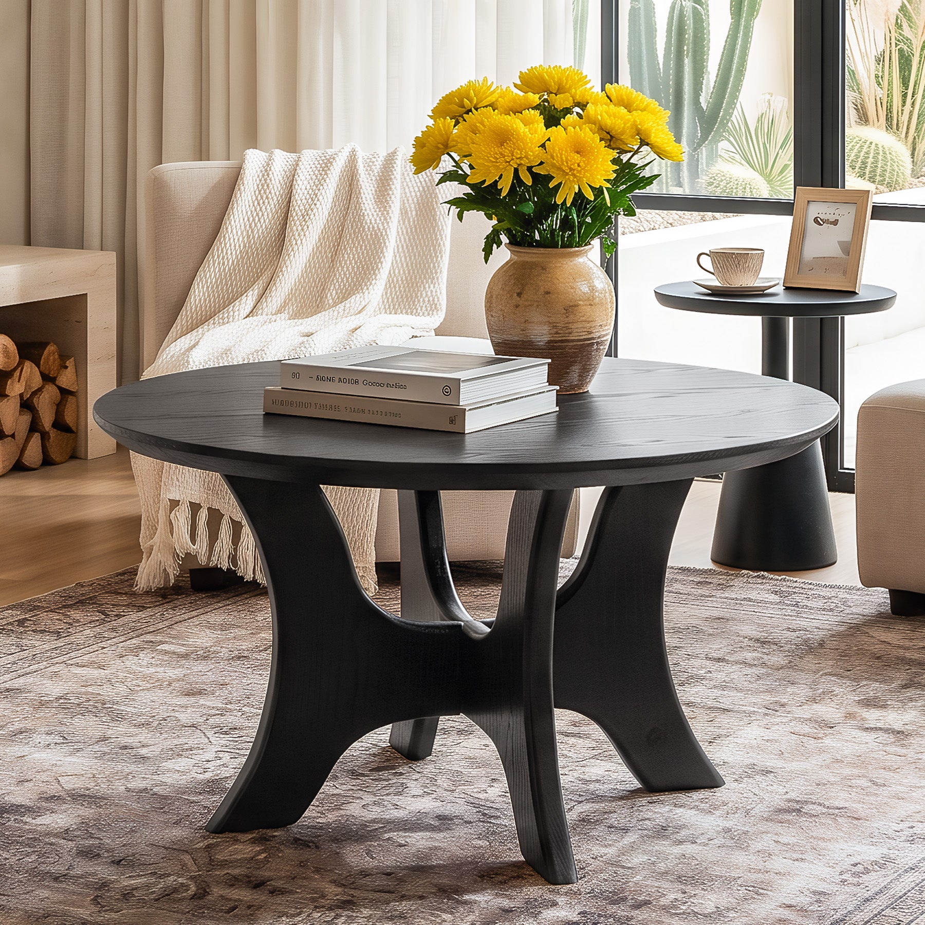 Tribesigns 31.1 Inch Round Coffee Table with Cross Base, Modern Black Table for Living Room