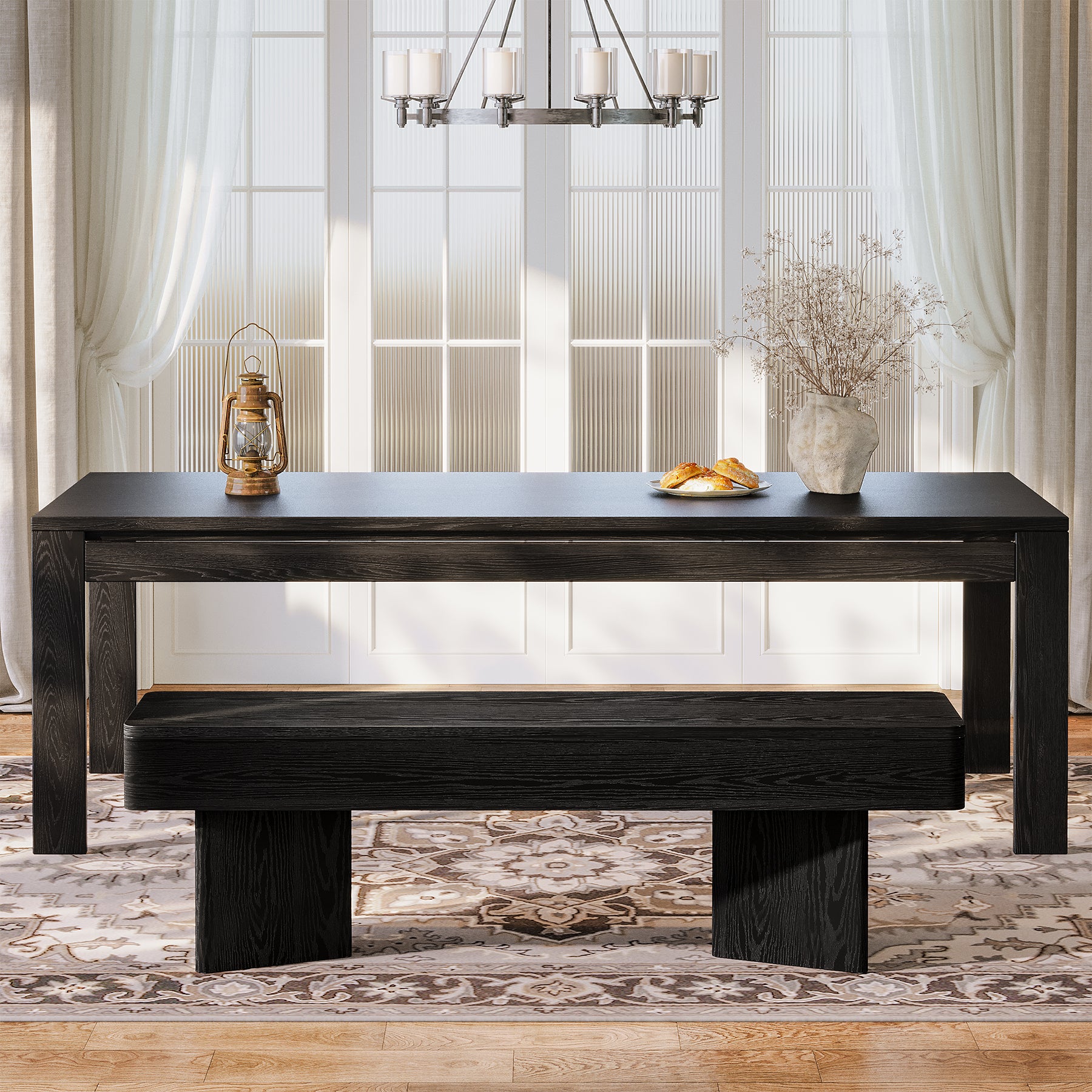47.24-Inch Black Kitchen Table Bench with Rounded Edges, Modern Dining Bench for Dining Room
