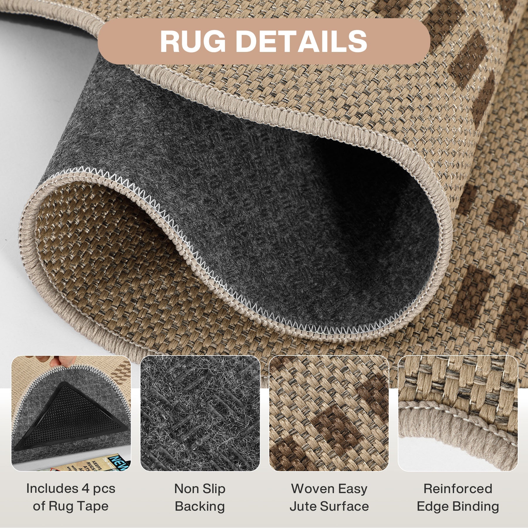 Tribesigns Indoor and Outdoor Rug, Weather-Resistant, Jute-Look, Scalloped Border and Farmhouse-Style Pattern, Washable and Non-Slip