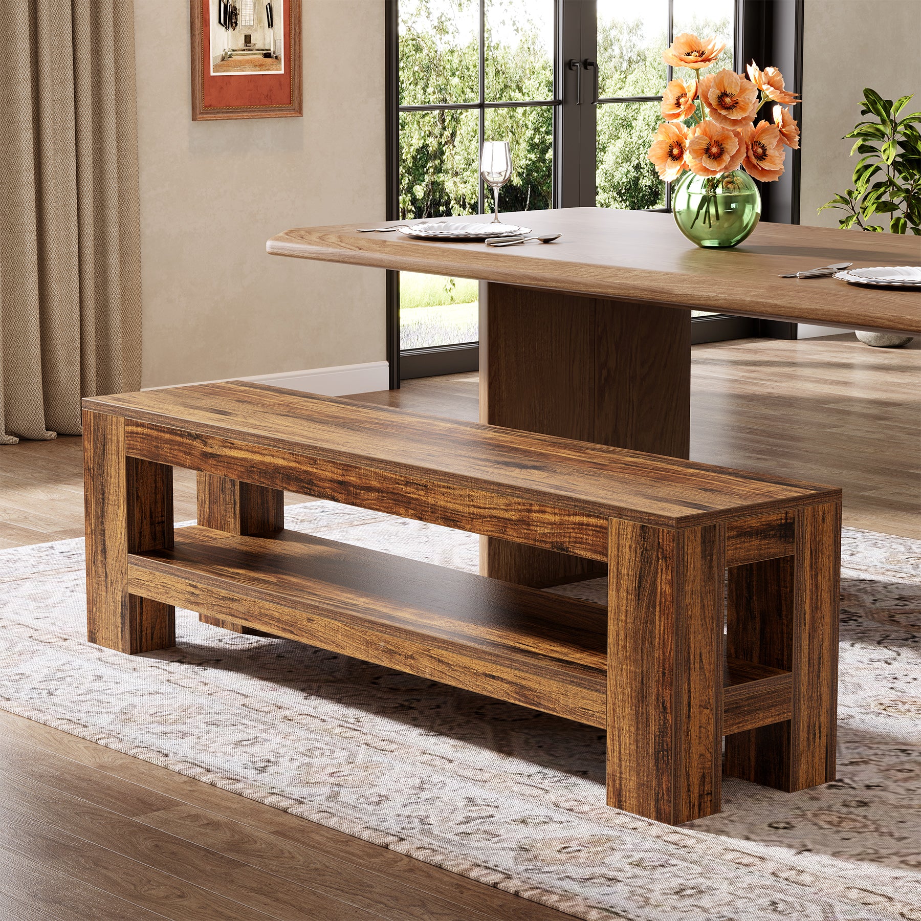 Tribesigns 59" Wooden Dining Bench, Farmhouse Storage Bench for Dining Room