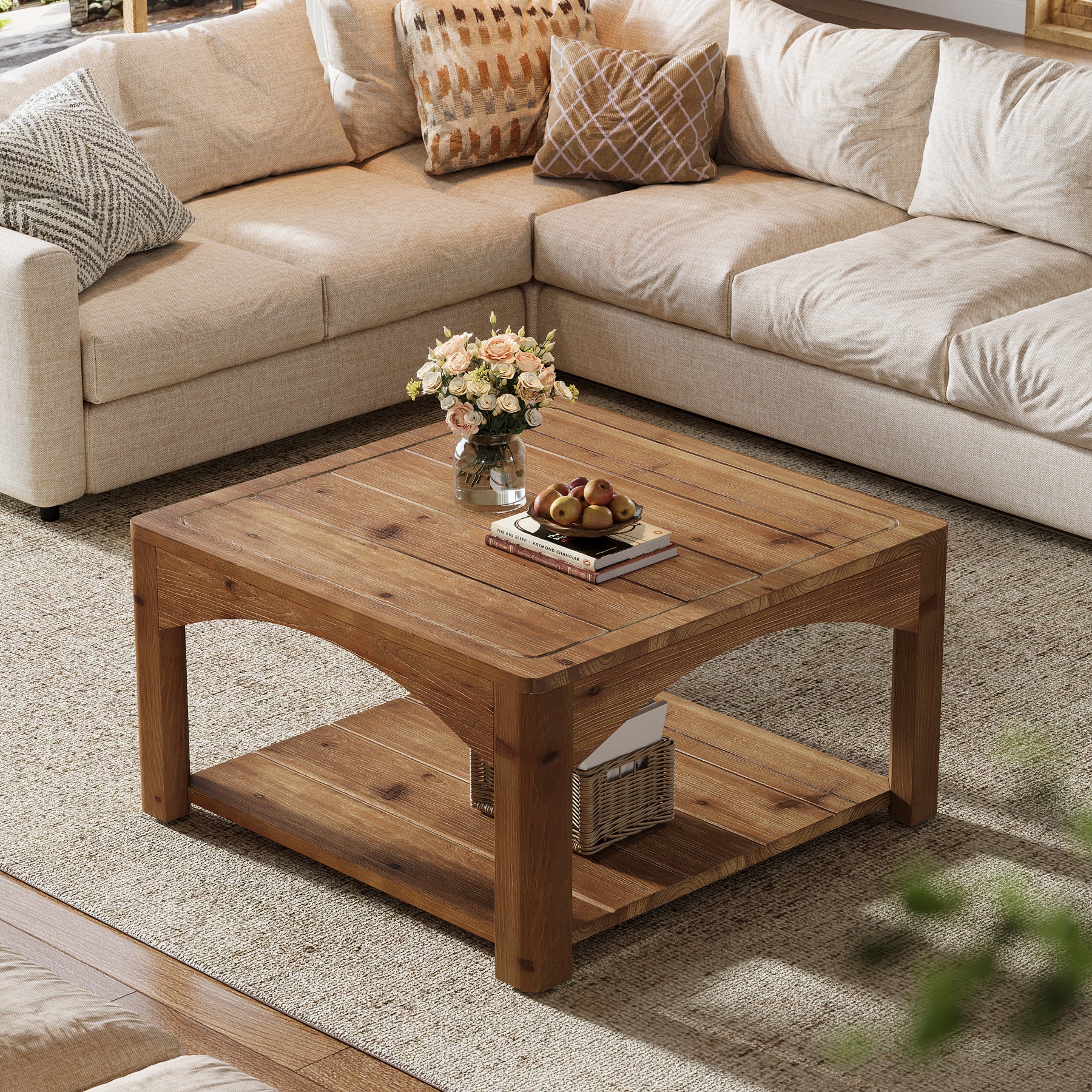 31.5" Square Solid Wood Coffee Table with 2-Tier Storage, Wooden Center Table for Living Room