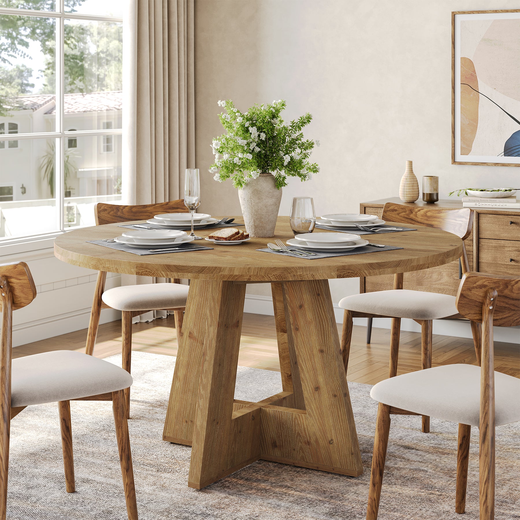 47 Inch Solid Wood Round Dining Table for 4–6, Farmhouse Wooden Kitchen Table for Family Dining