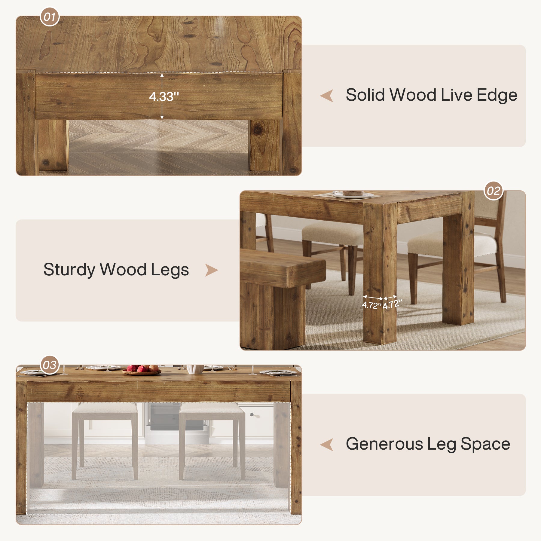Tribesigns 63" Solid Wood Dining Table, Farmhouse Table for Dining Room (Only Table)