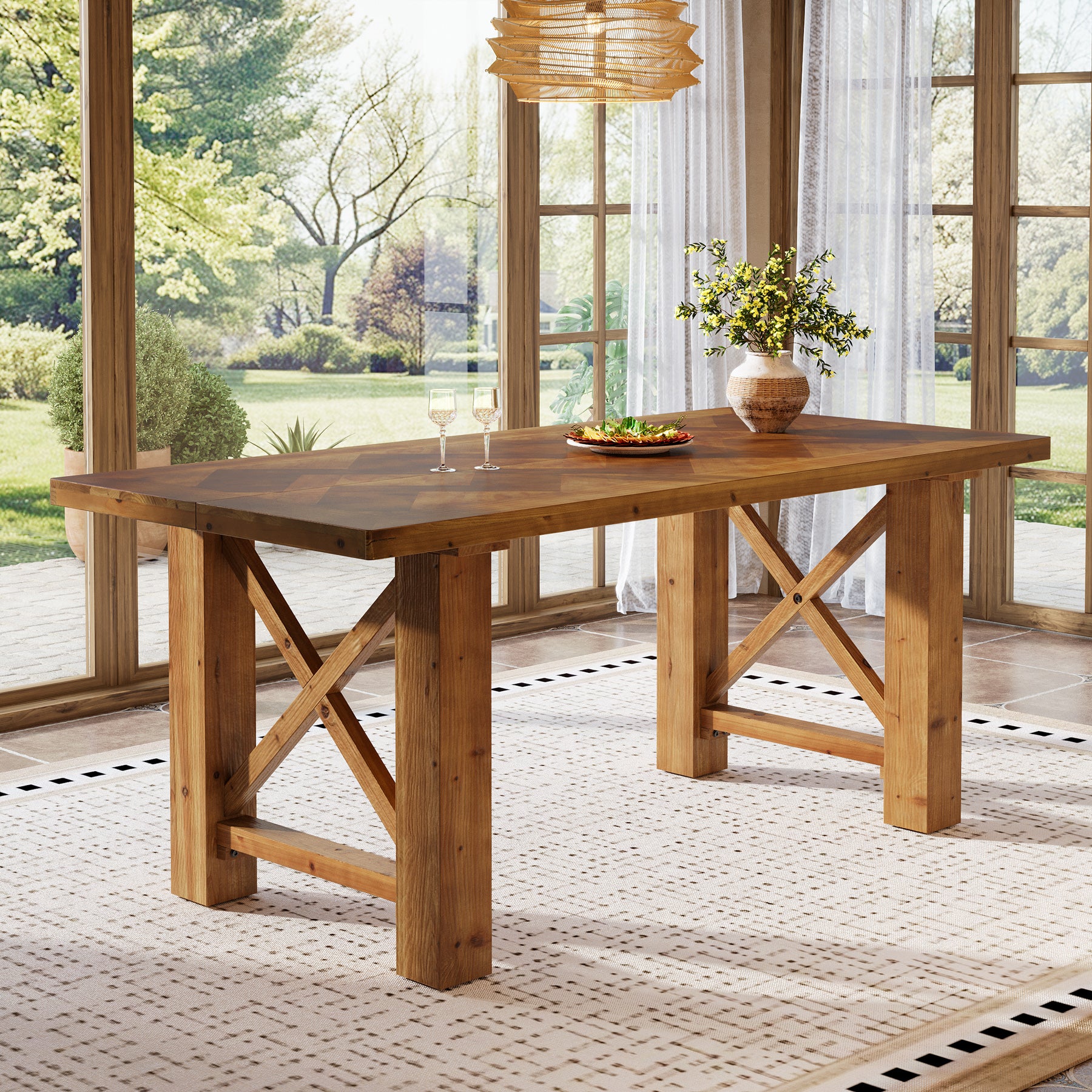 63-Inch Solid Fir Wood Dining Table with Herringbone Top, Farmhouse Table for Dining Room