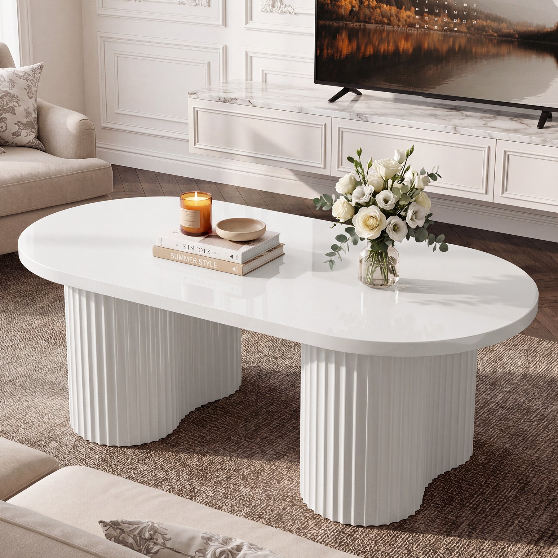 Tribesigns 47-Inch Oval Coffee Table with Fluted Design, Modern White Center Table for Living Room and Office