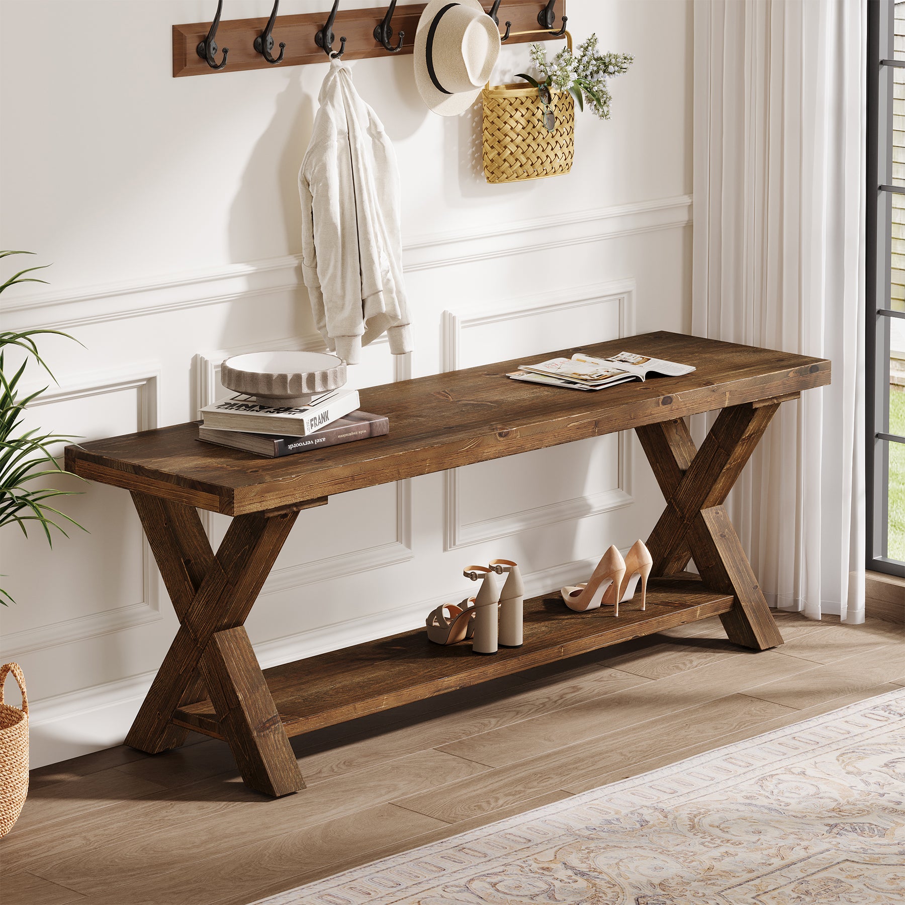 Tribesigns 43.3-Inch Solid Wood Entryway Bench with Storage Shelf and X-Shaped Legs, Farmhouse Shoe Bench for Hallway and Living Room