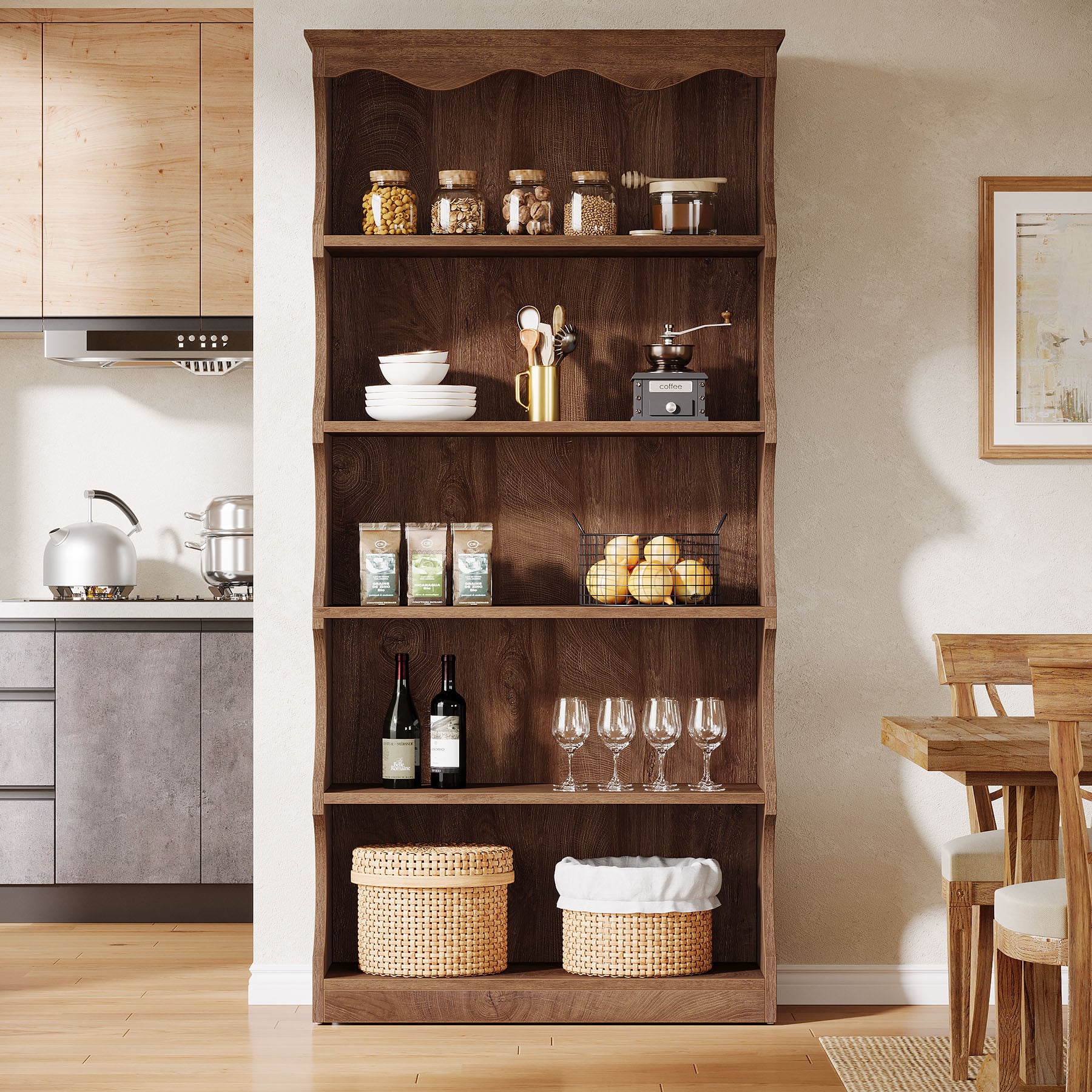 70 Inch Tall Bookcase, 5 Tier Curved Edge Bookshelf with Open Storage for Living Room and Home Office