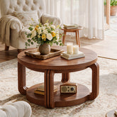 31.5 Inch Round Coffee Table with 2-Tier Storage Shelf, Modern Rustic Center Table for Living Room 3