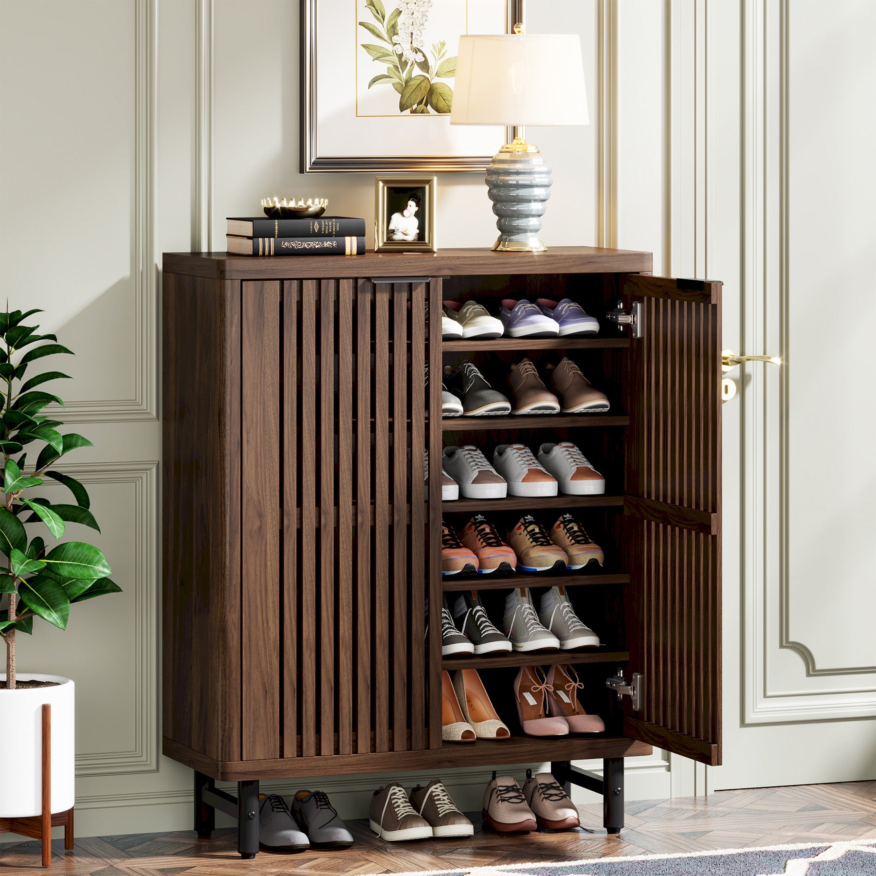 33.46-Inch 6-Tier Farmhouse Shoe Cabinet with Shutter Doors, Wooden Shoe Organizer with Adjustable Shelves for Entryway and Hallway