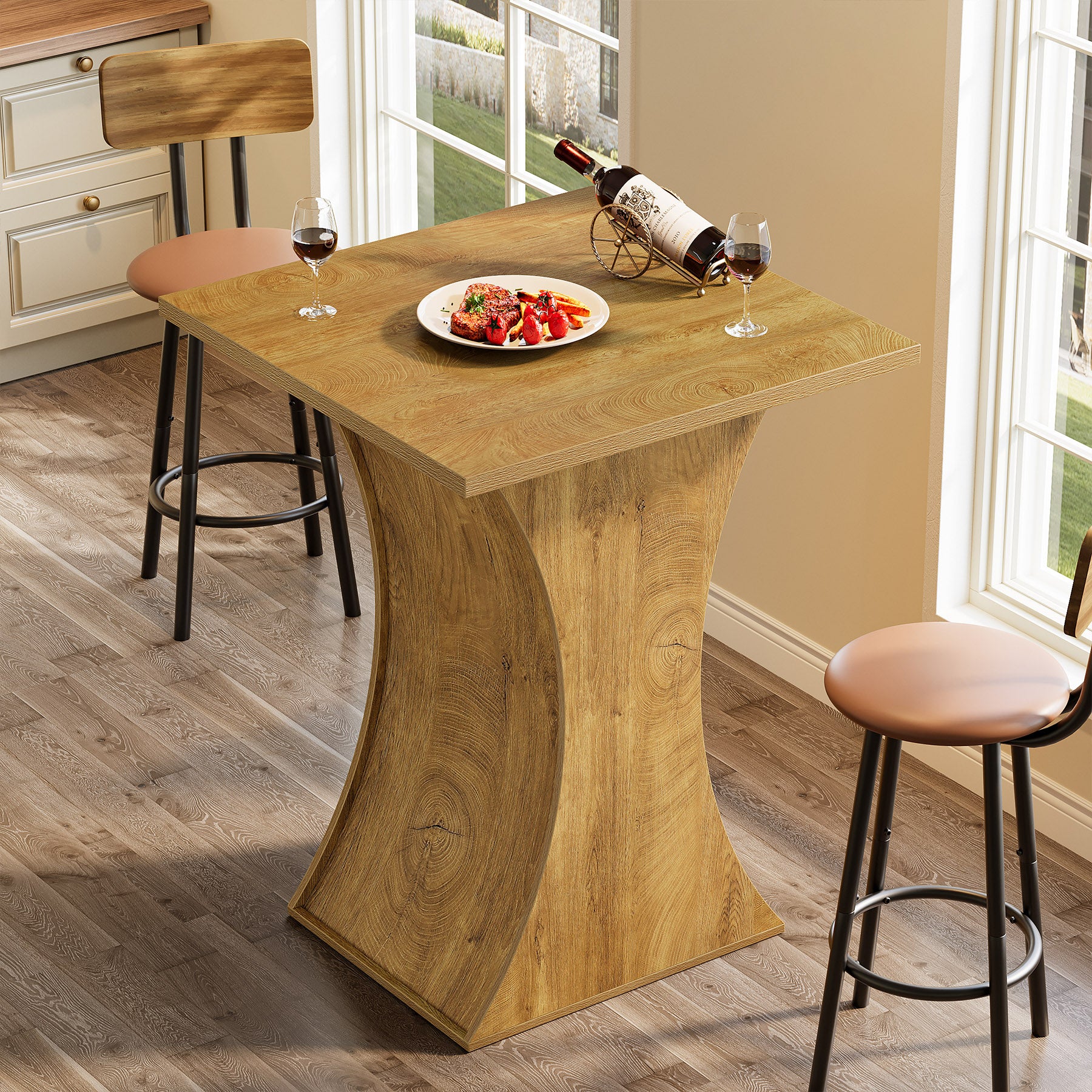 39.4 Inch Square Bar Table with Hourglass Base, Farmhouse Pub Table for Small Spaces
