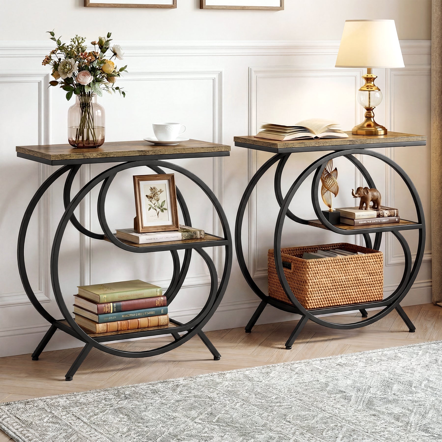 3-Tier Industrial End Table with Shelves, Rustic Side Table Nightstand