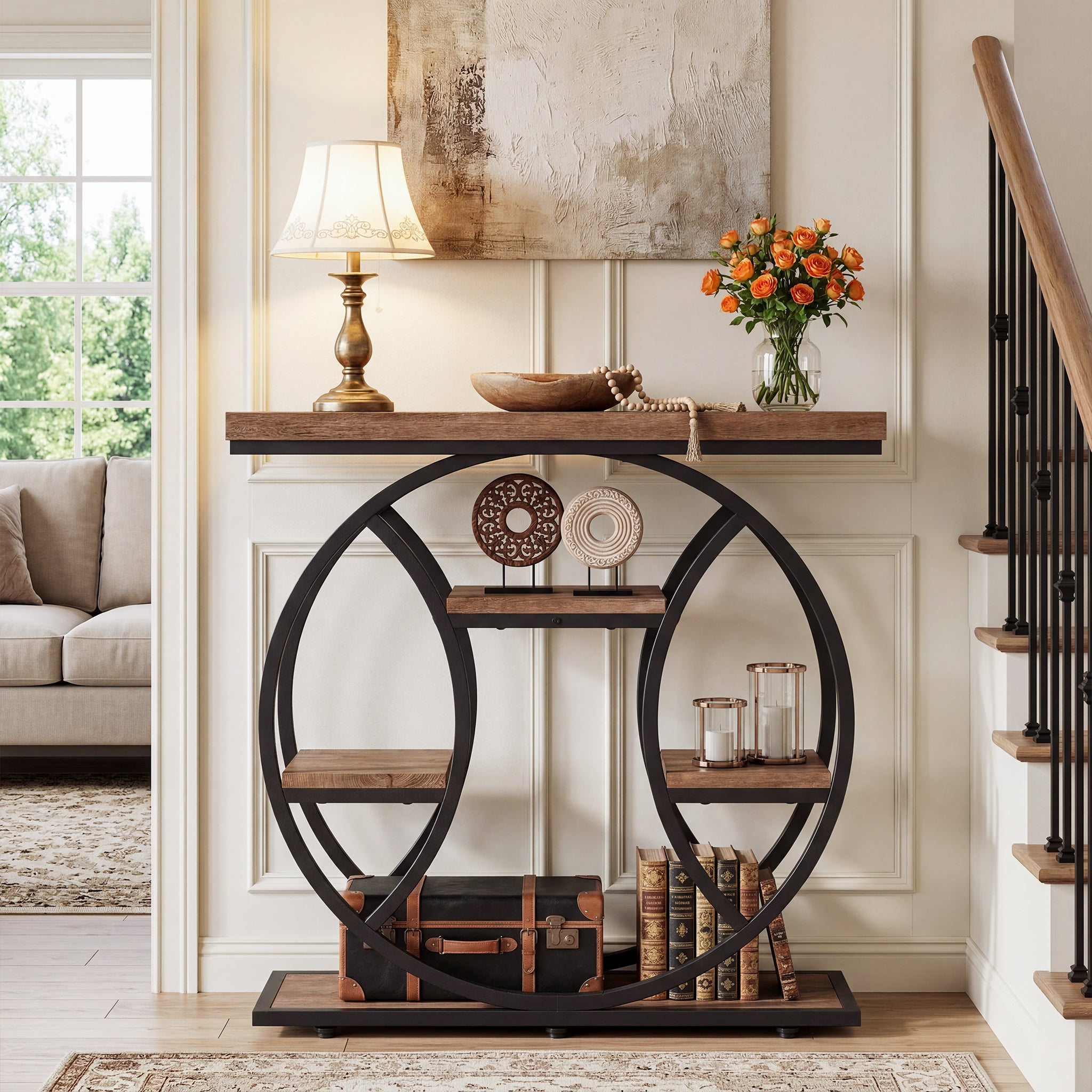 41.3" Industrial Console Table with 4-Tier Storage, Entryway Sofa Table for Hallway Living Room Entrance