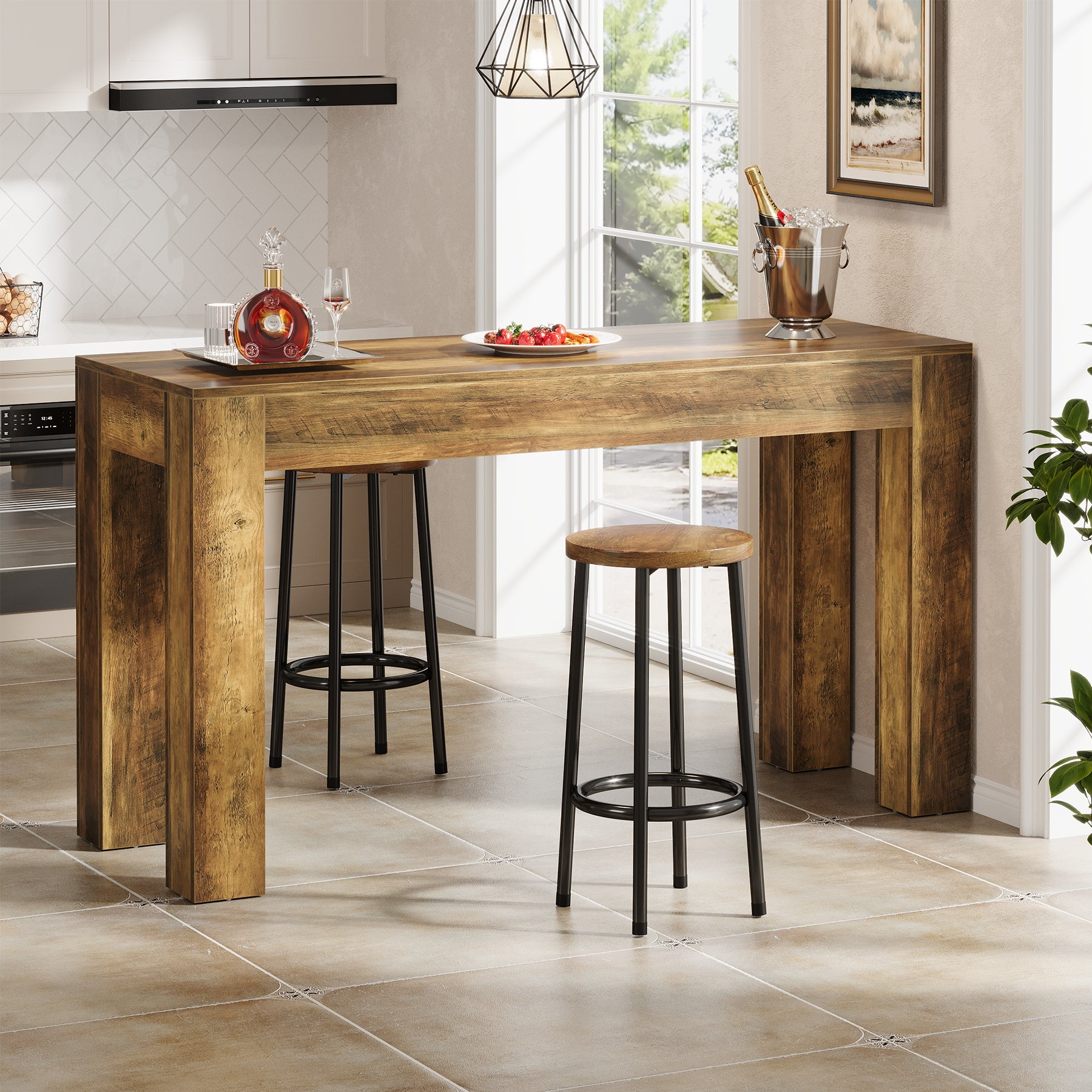 62.99-Inch Long Bar Table, Rectangular Counter Height Dining Table with 4 Sturdy Legs for Kitchen Home Bar