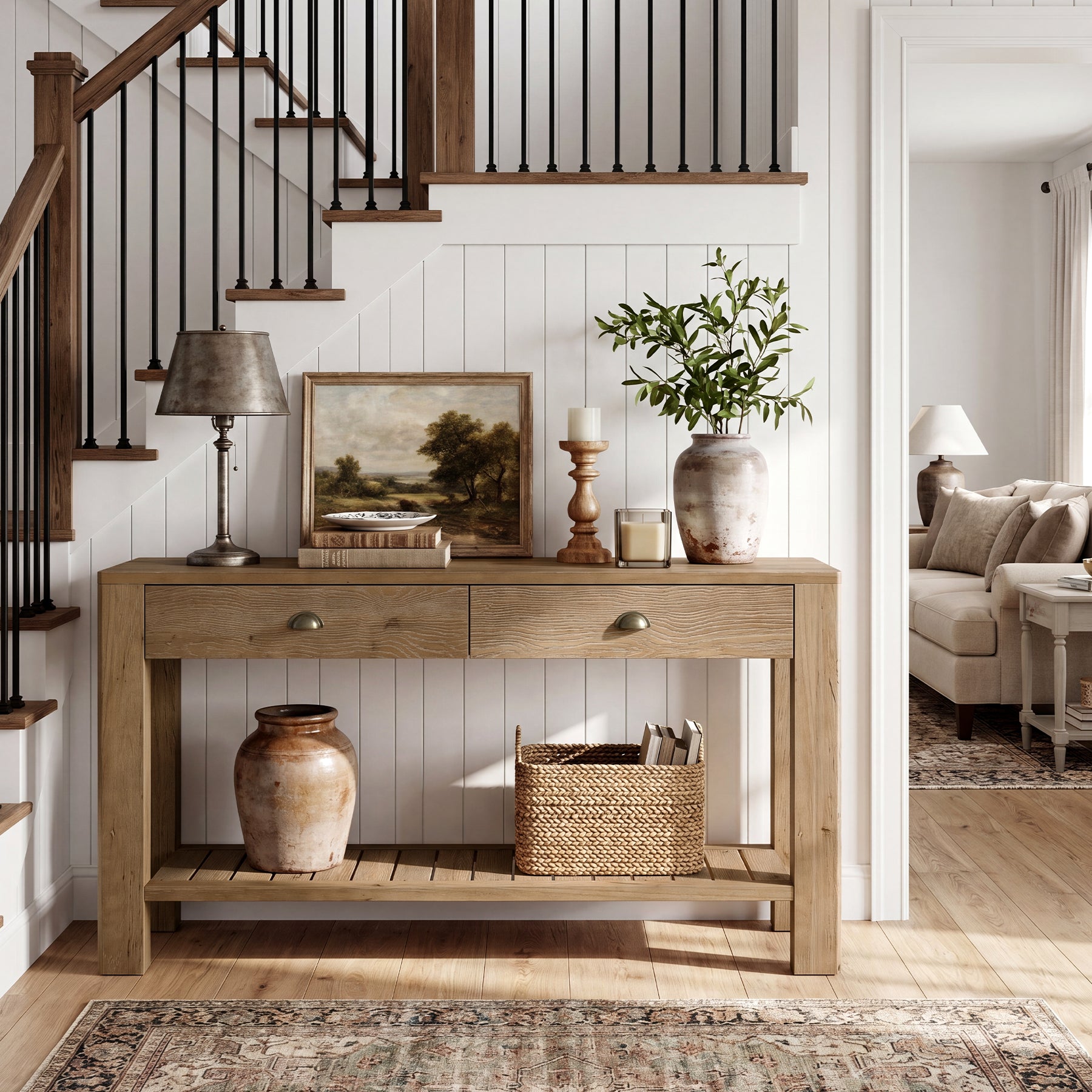 Tribesigns 55.12 Inch Solid Fir Wood Console Table with 2 Drawers, Narrow Hallway Table with Shelf
