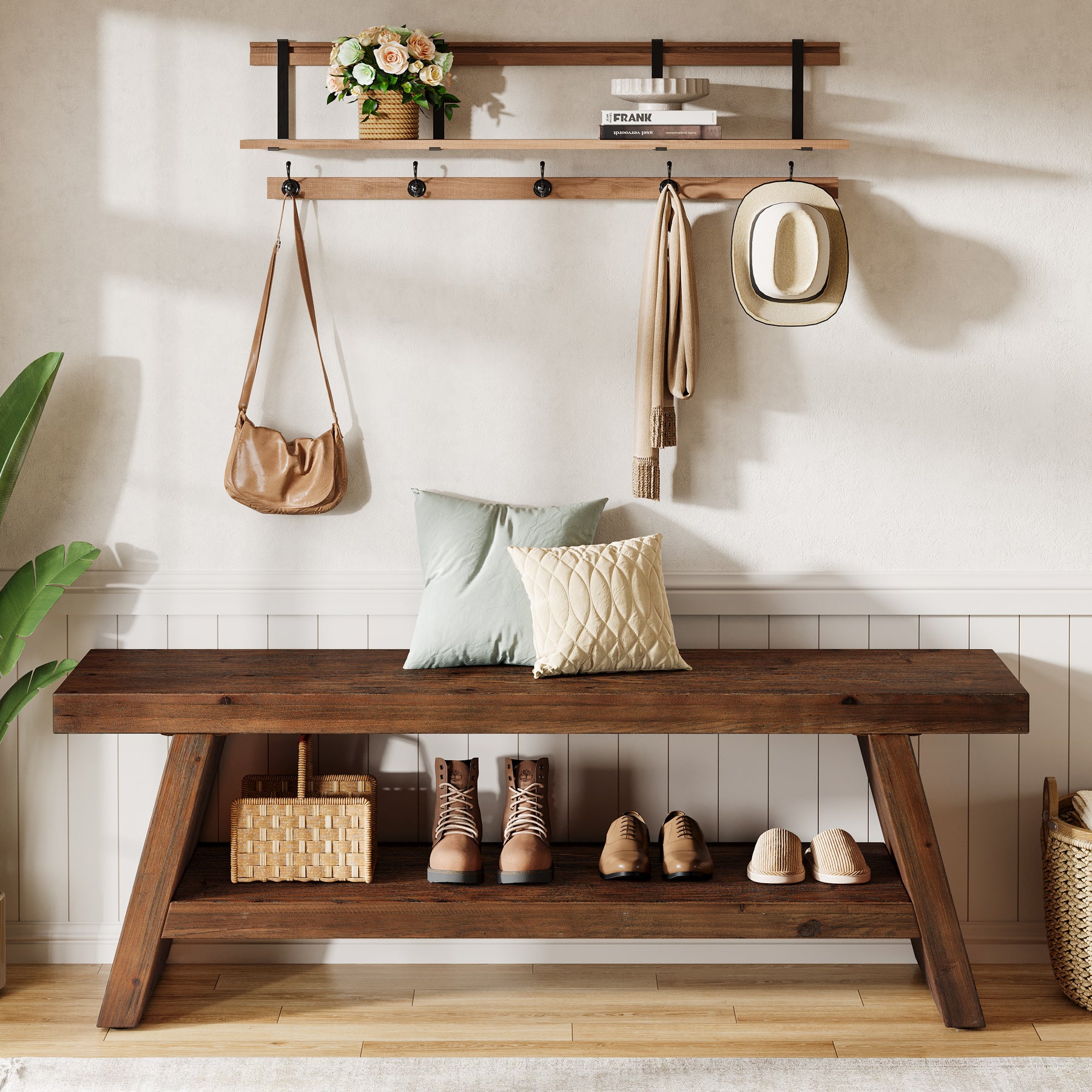 Tribesigns 47-Inch 2-Tier Wooden Storage Bench, Open Shelving Hallway Seat with Solid Fir Frame for Living Room