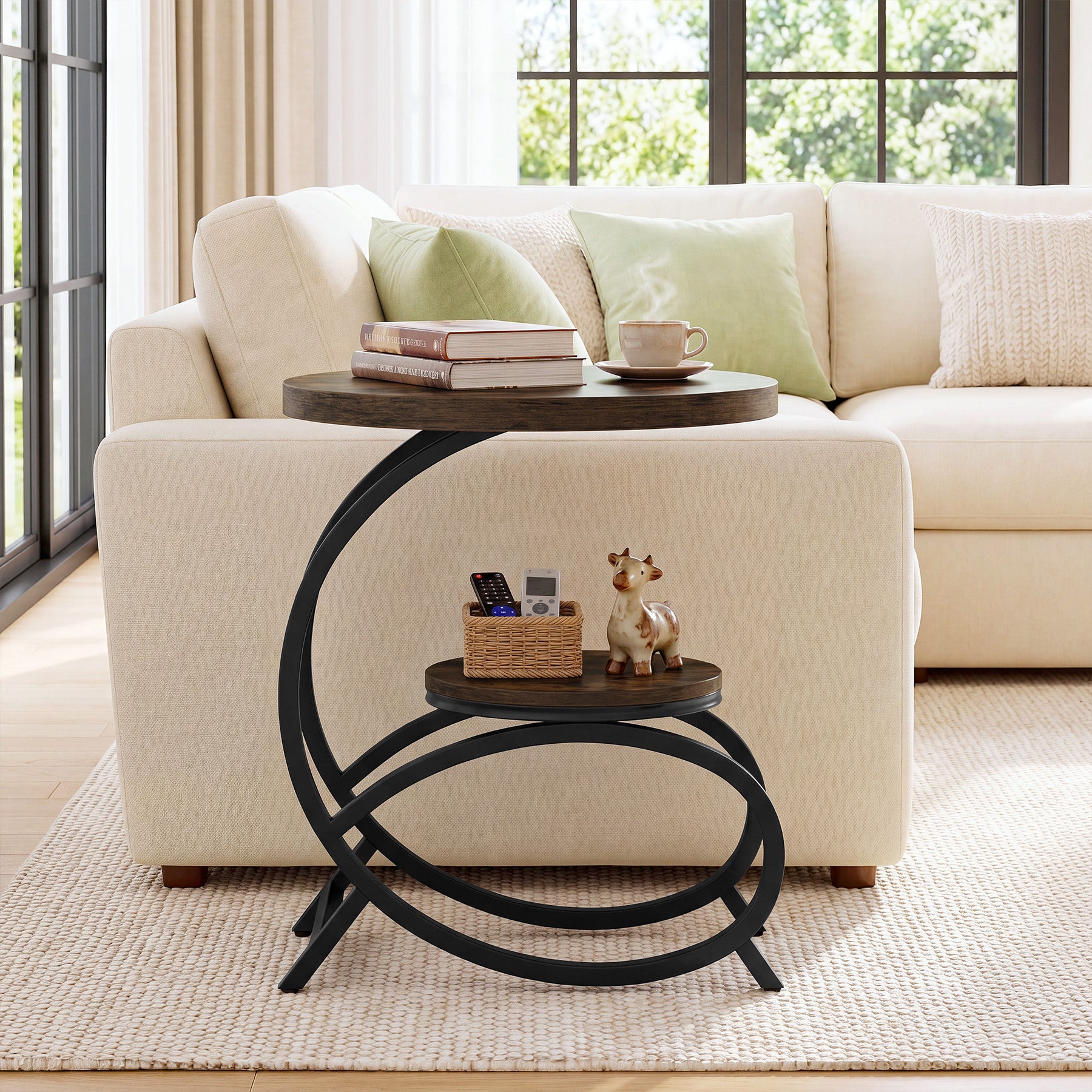 19.69 Inch C Shaped Side Table, 2 Tier Round End Table with Storage for Living Room