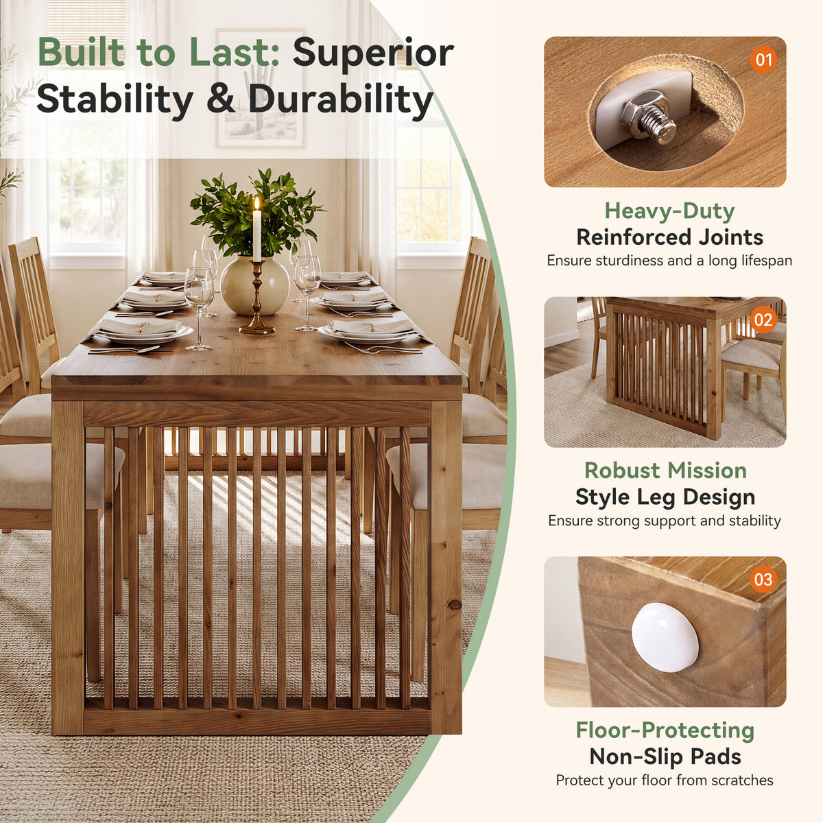 Tribesigns 79" Solid Wood Dining Table with Mission-Style Legs, Large Farmhouse Table for 6-8