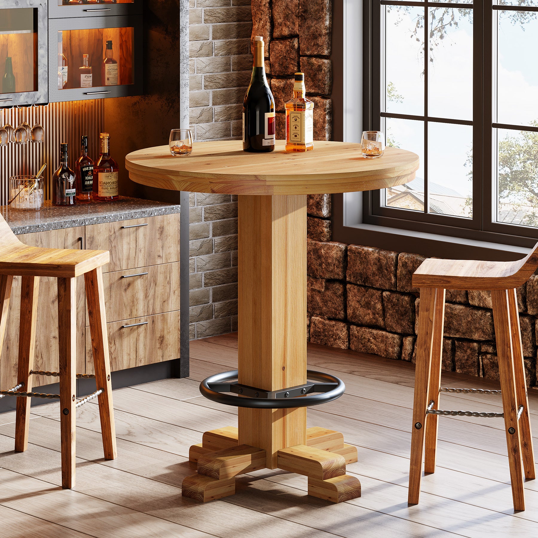 Tribesigns 37.4-Inch Round Counter Height Bar Table, Solid Wood Bistro Table with Metal Footrest for Small Spaces