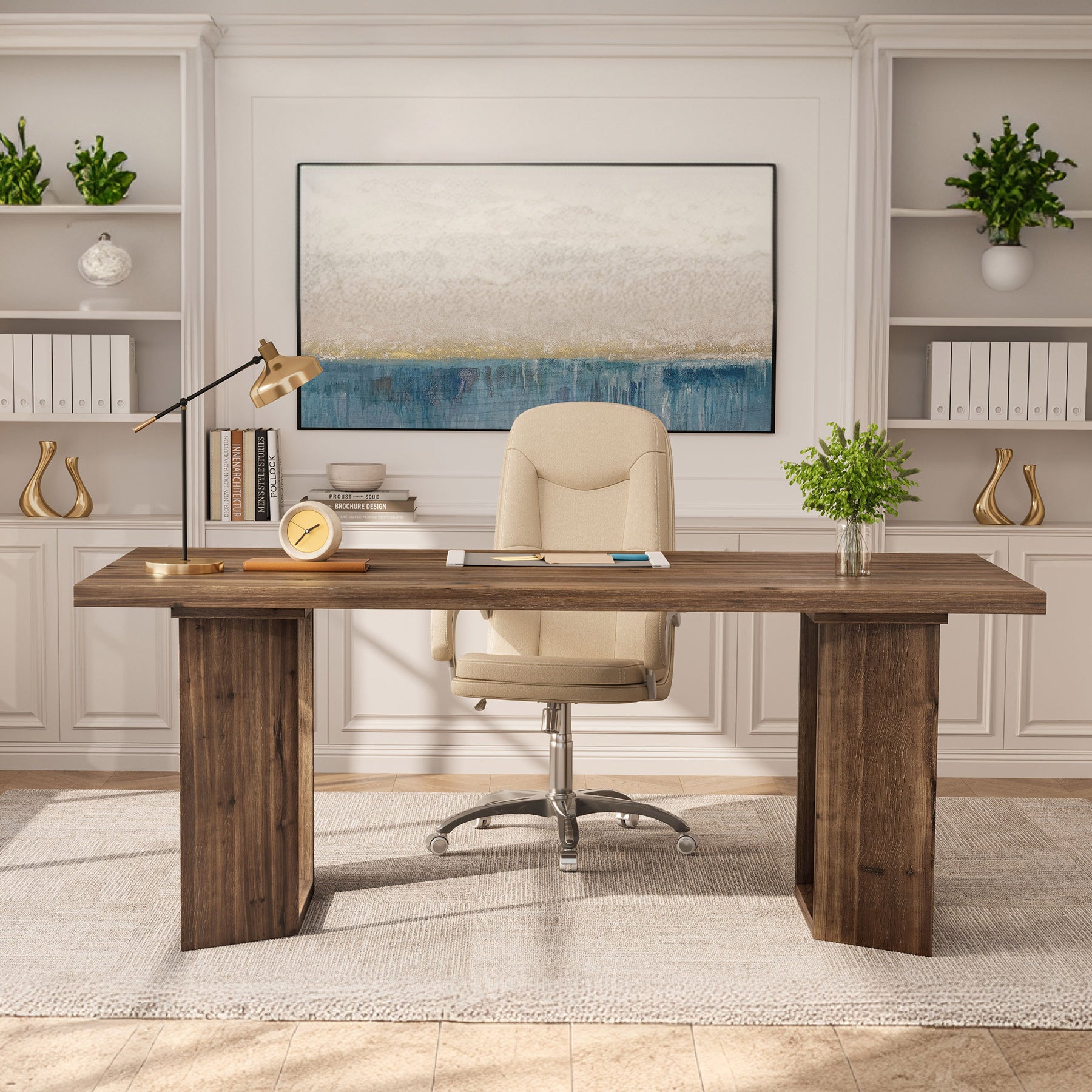 Tribesigns 63-Inch Solid Wood Executive Desk, Farmhouse Office Desk with U-Legs for Home Office
