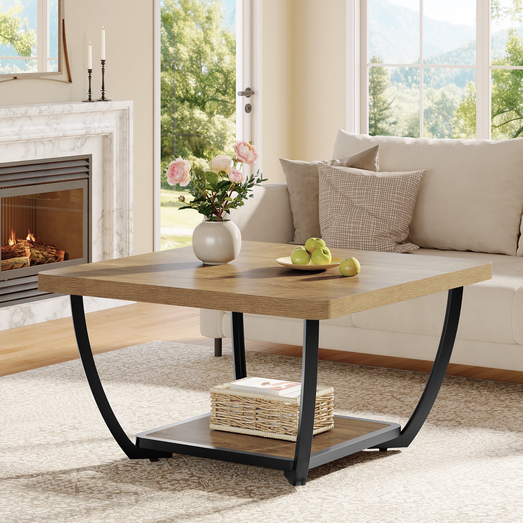 Tribesigns 31.5" Square Coffee Table with Storage Shelves, 2-Tier Accent Table with Arc Metal Frame
