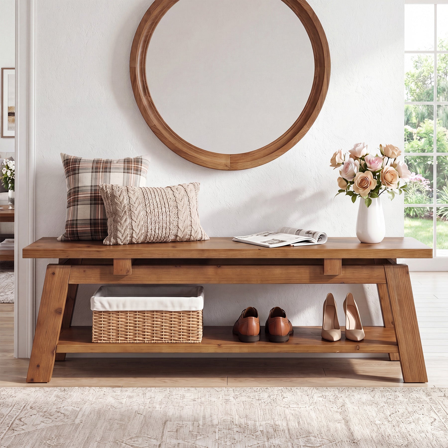 55-Inch Solid Wood Shoe Storage Bench with Lower Shelf, Farmhouse Entryway Seating for Hallway