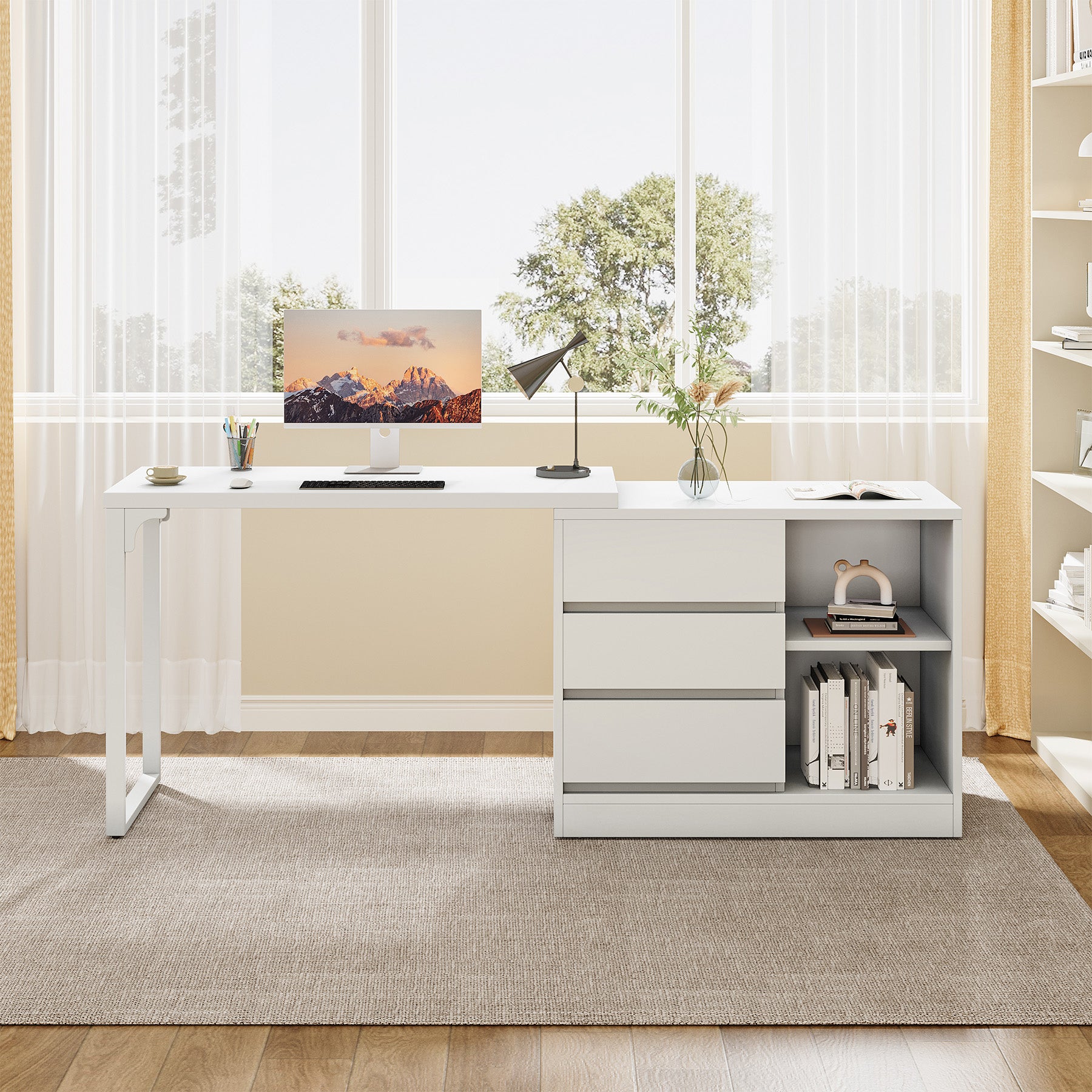 Tribesigns Reversible L-Shaped Computer Desk with Drawers and Shelves, White Corner Office Desk for Home Office and Bedroom