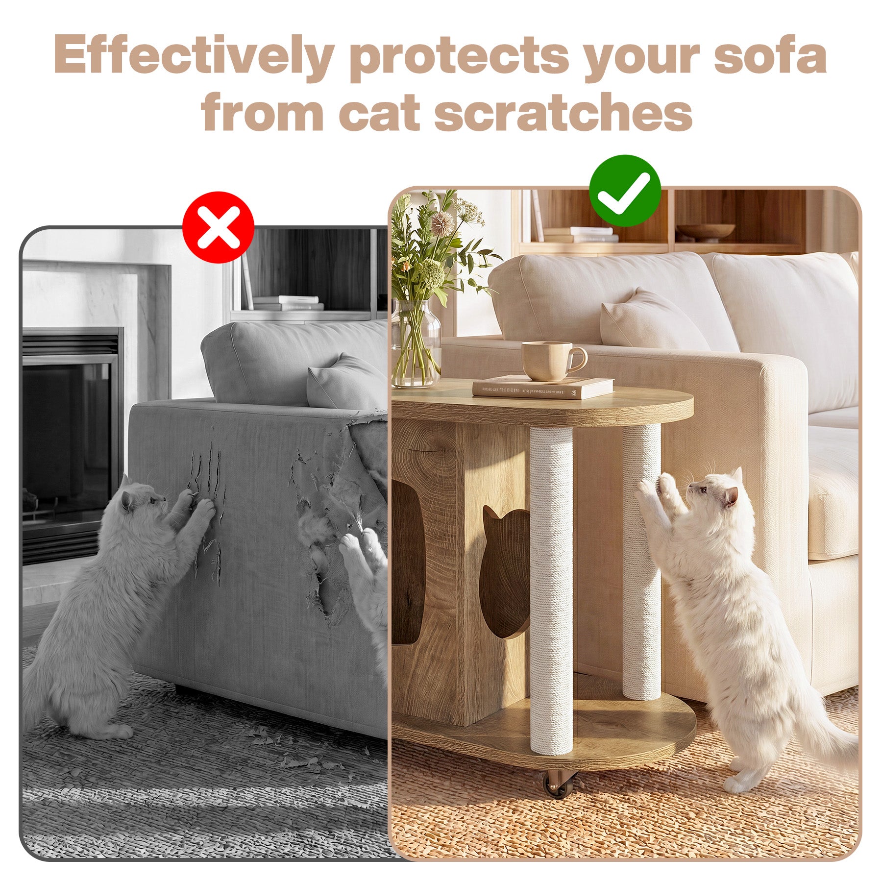 31.5-Inch End Table with Cat Scratching Posts, Wooden Cat Condo with Bed for Living Room