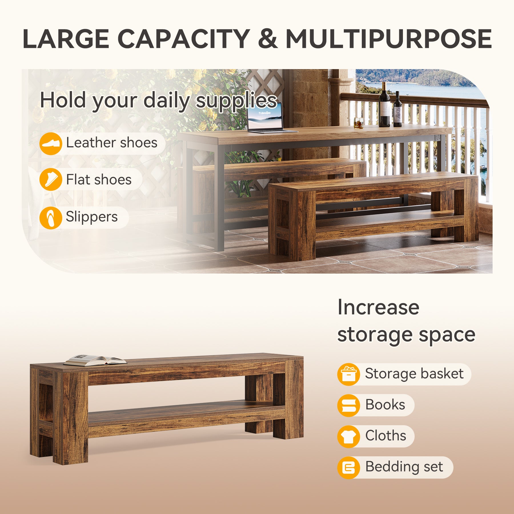 Tribesigns 59" Wooden Dining Bench, Farmhouse Storage Bench for Dining Room