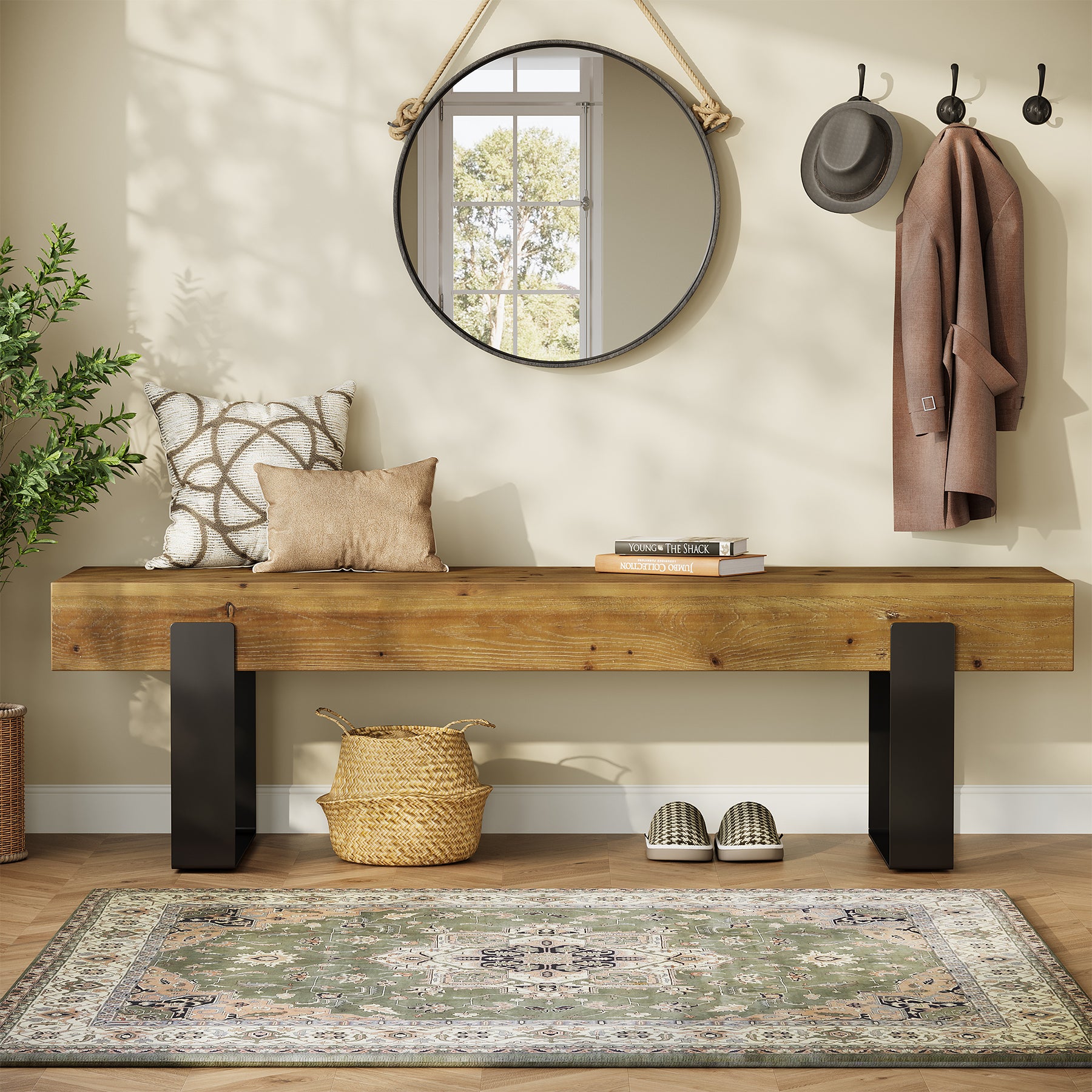 Tribesigns 63-Inch Solid Wood Entryway Bench, Farmhouse Shoe Bench with Metal Legs for Hallway