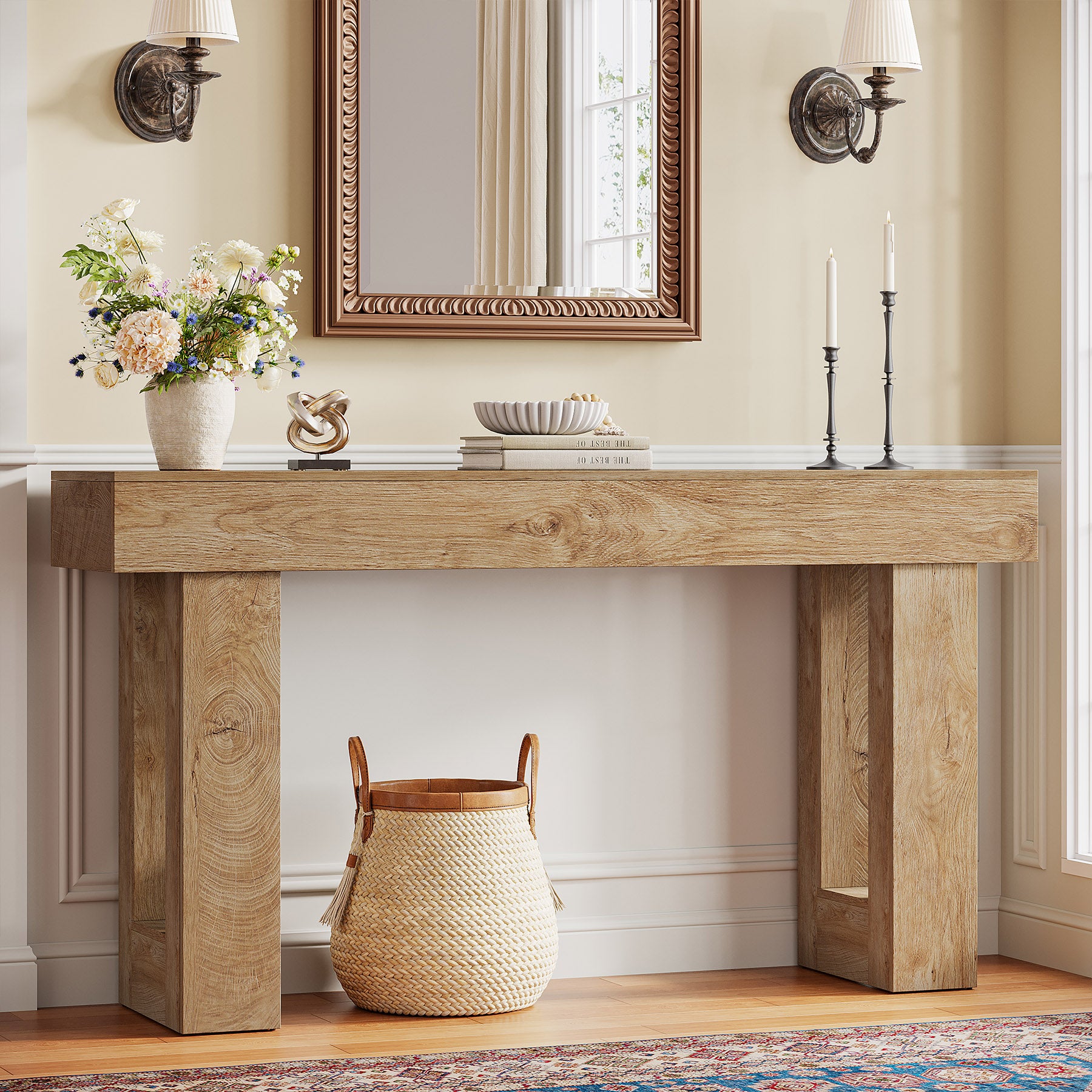 63" Farmhouse Console Table, Rectangular Wooden Accent Table for Entryway and Living Room