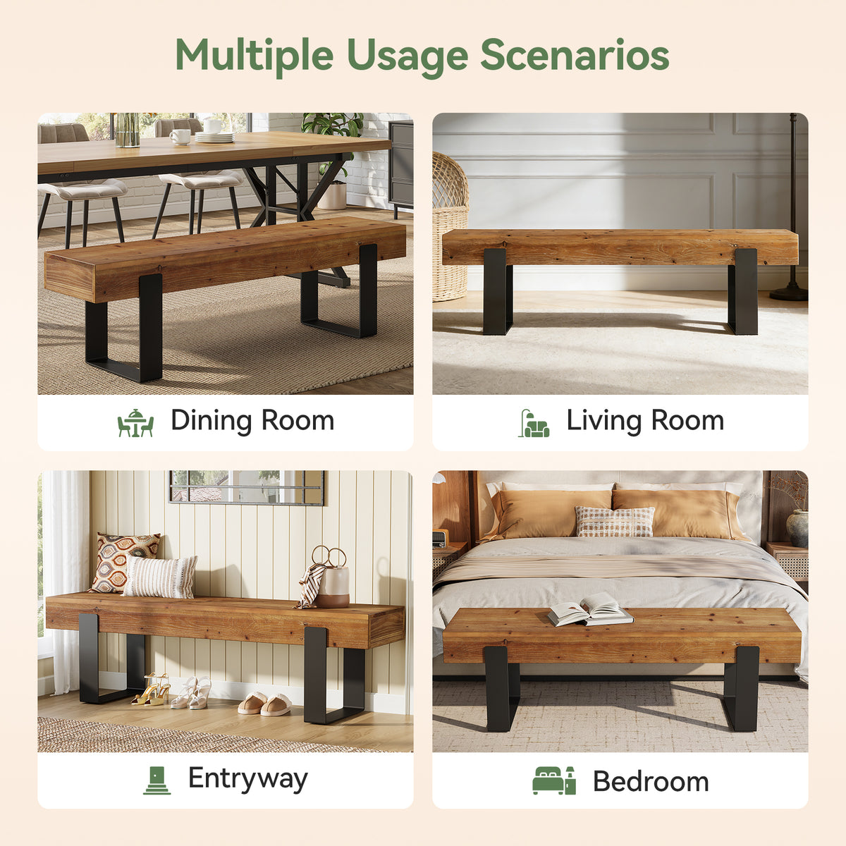 Tribesigns 63-Inch Solid Wood Entryway Bench, Farmhouse Shoe Bench with Metal Legs for Hallway