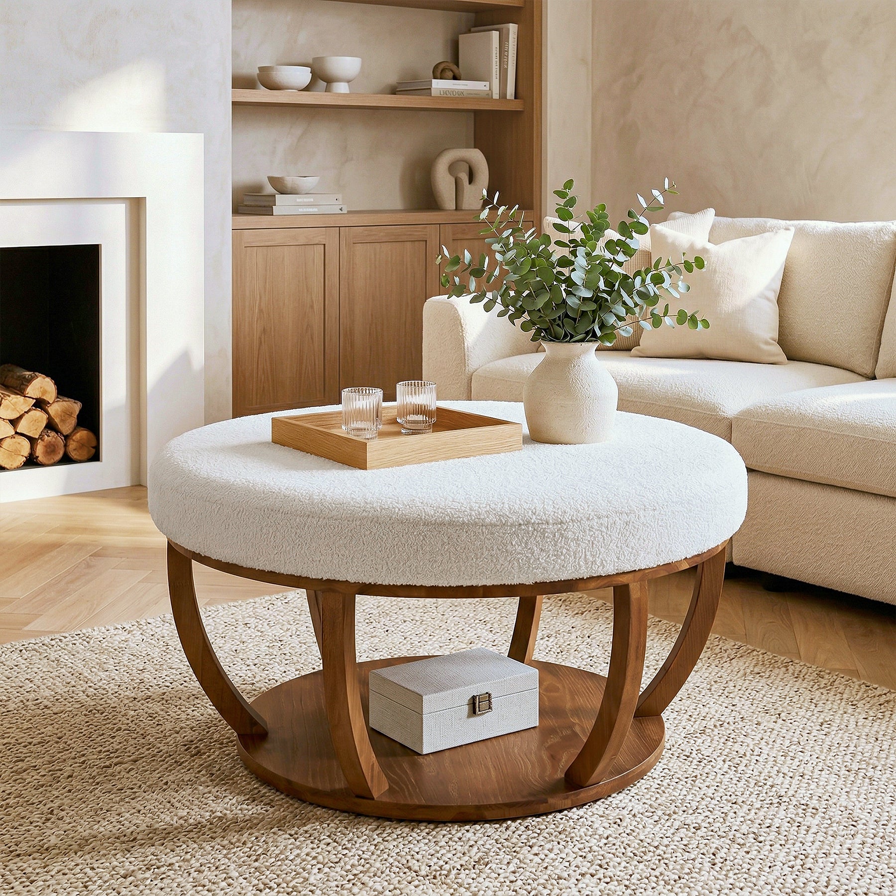 31.5-Inch Round Ottoman Coffee Table, Upholstered Storage Footrest Table