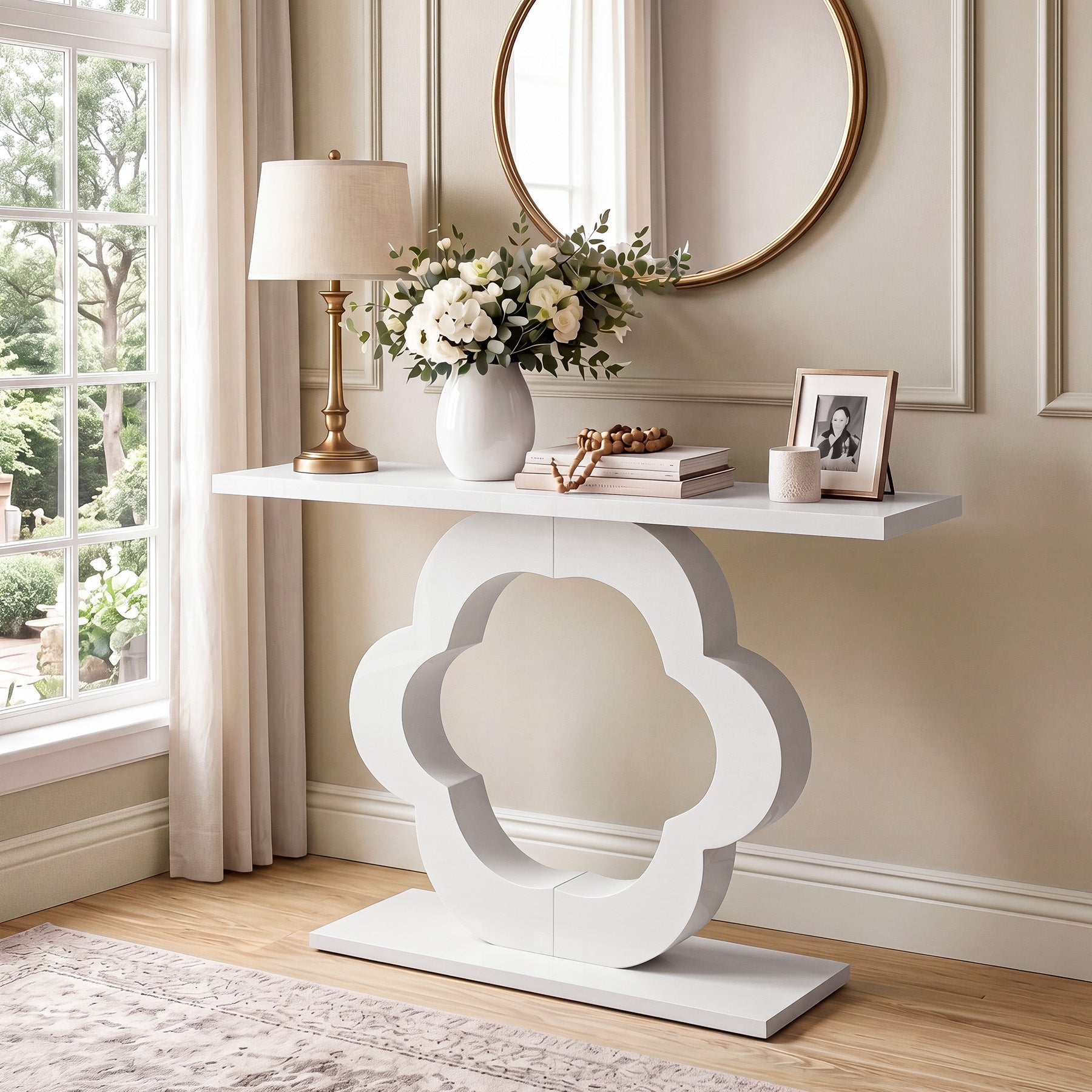 39.4-Inch White High-Gloss Console Table with Flower Cutout Base, Narrow Entryway Table for Living Room and Hallway