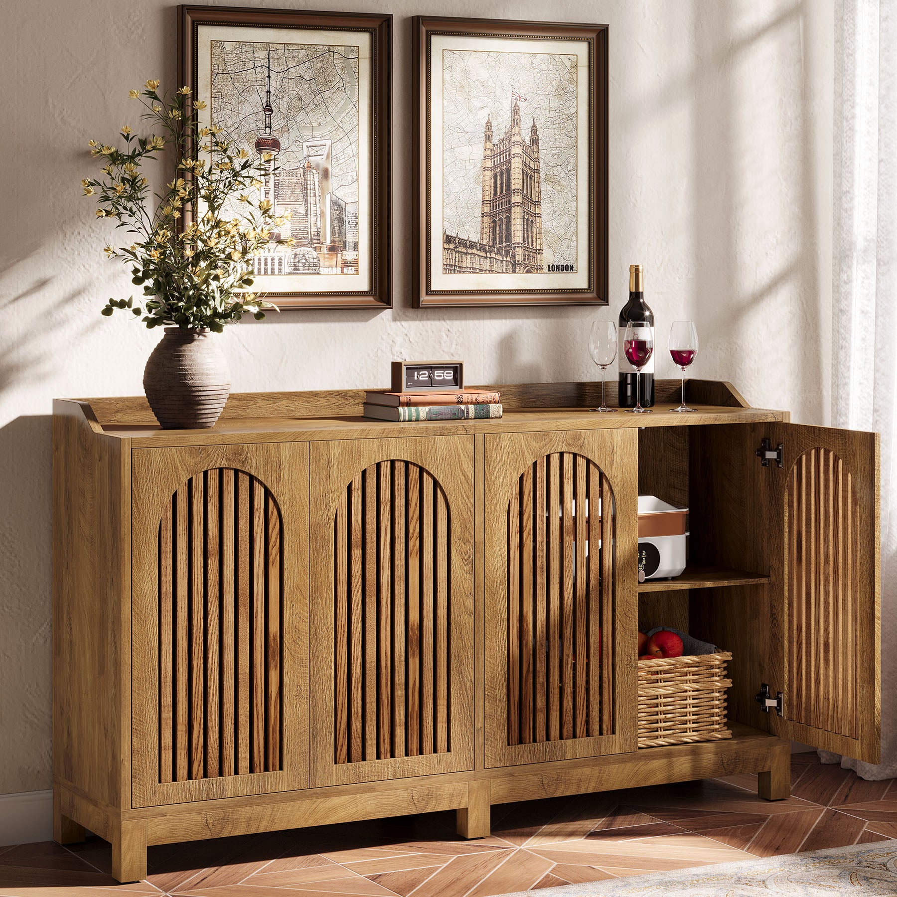 57-Inch Buffet Cabinet with Adjustable Shelves and Grille Doors, Long Sideboard Cabinet for Dining Room