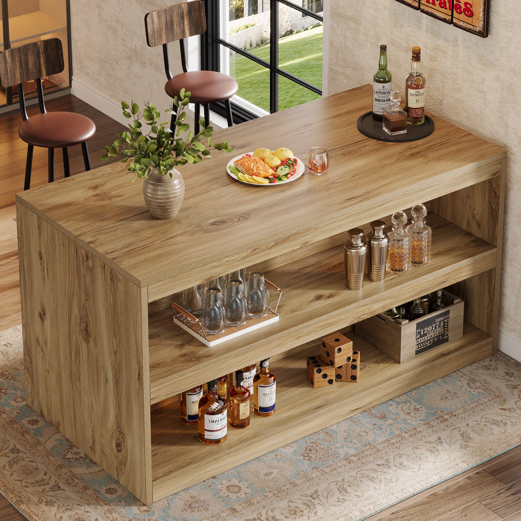 59 Inch Home Bar Table with 2-Tier Shelves, Farmhouse Pub Table for Kitchen and Bistro