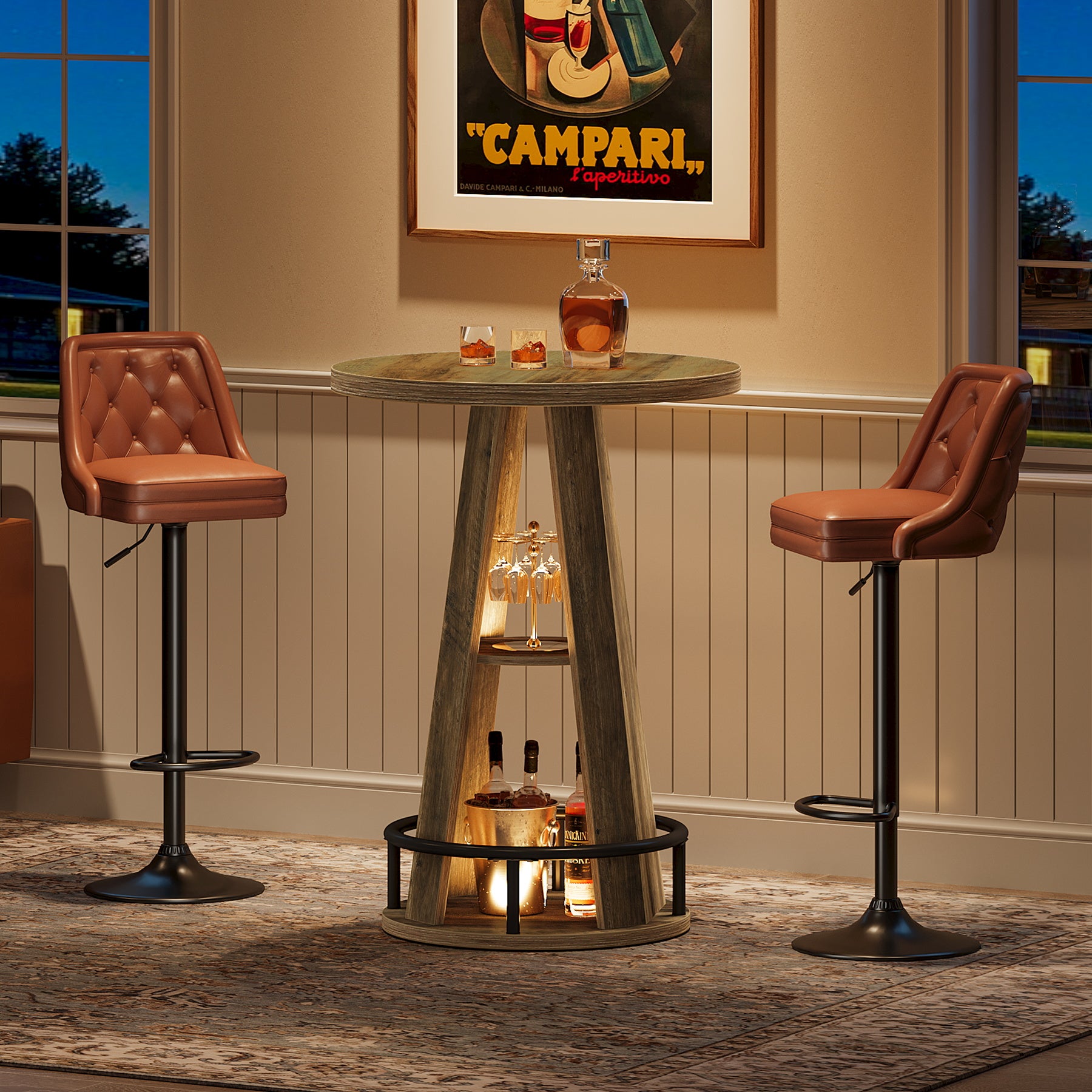 39.4-Inch Round Bar Table, High Top Industrial Bistro Table with Storage and Metal Footrest