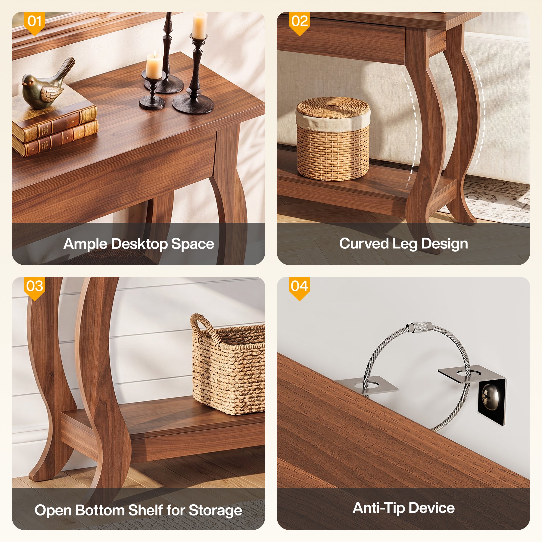 41.3-Inch Narrow Console Table with Drawer, Curved-Leg Hallway Table with Storage