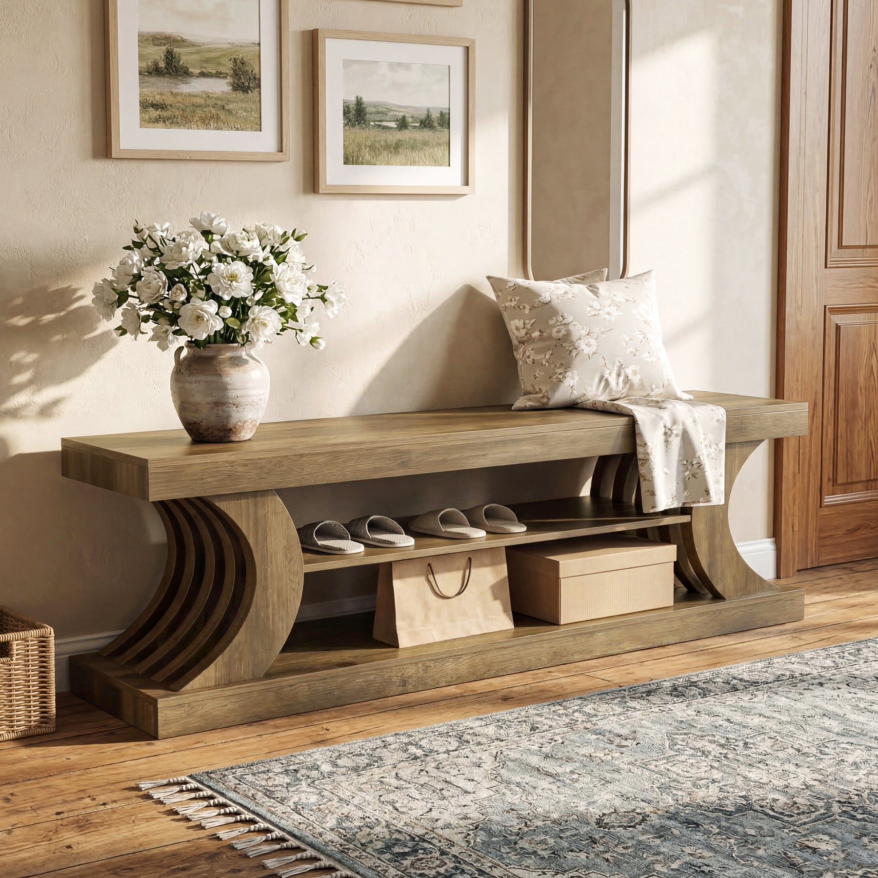 Tribesigns 63-Inch Entryway Shoe Bench with Open Storage, 3-Tier Bed Bench for Bedroom and Hallway