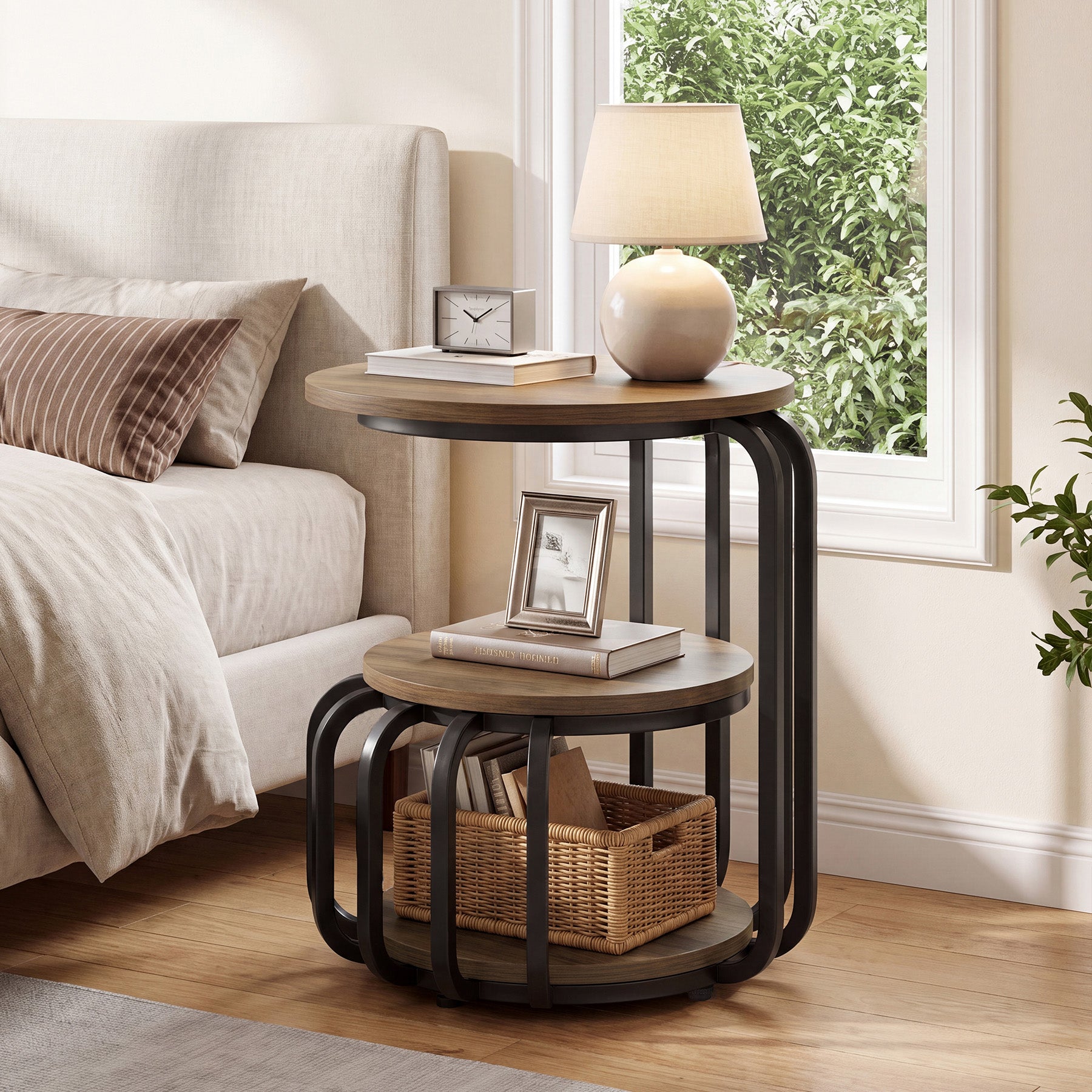 19.69 Inch Round Nightstand, 3 Tier Industrial Side Table with Storage for Bedroom