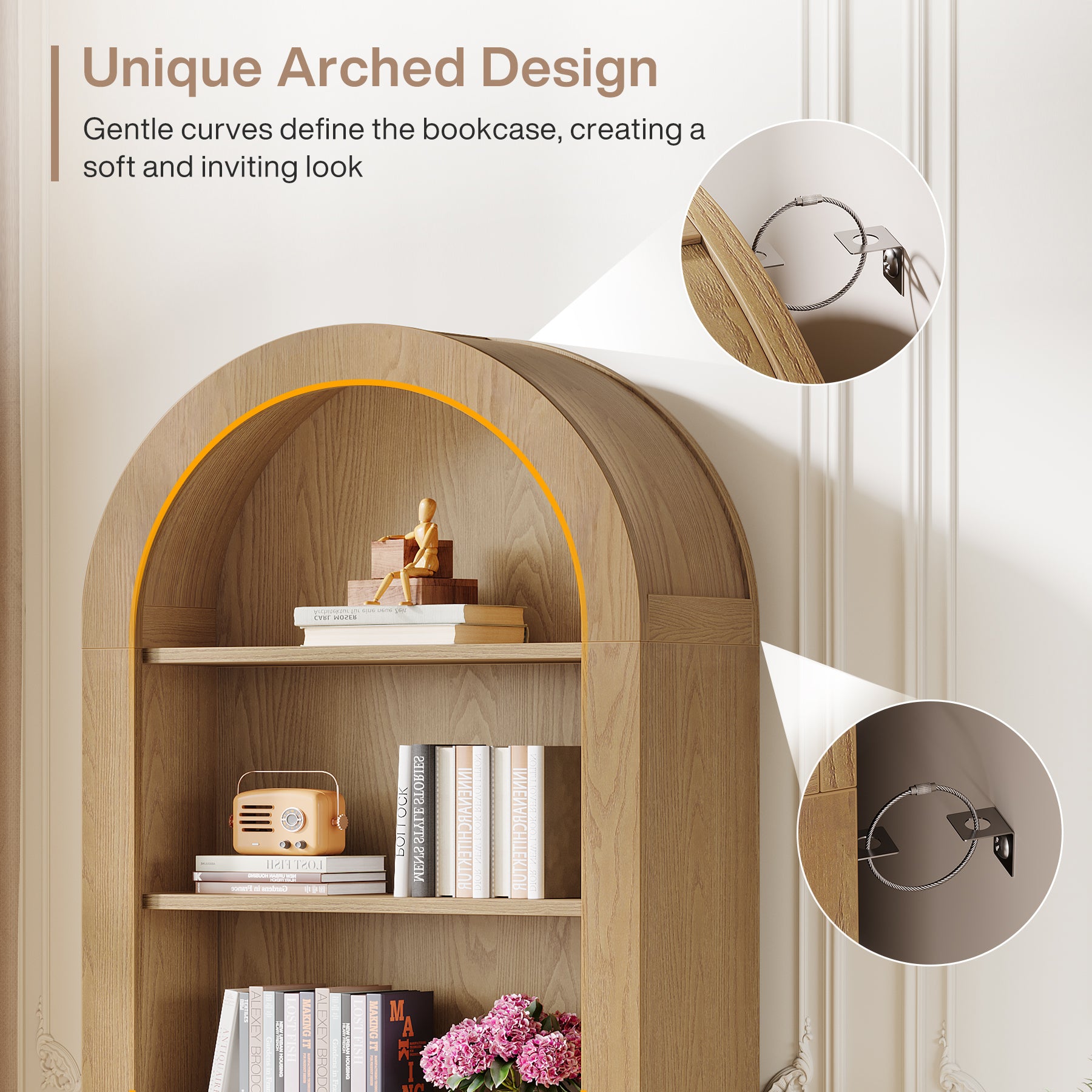 71 Inch Tall Bookshelf with 5 Tier Shelves, Arched Bookcase for Living Room Home Office